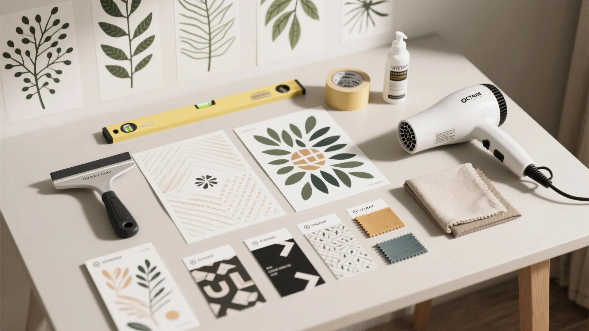 Table with hair dryer level tool scraper wall decals tape fabric samples and cleaning cloth kit