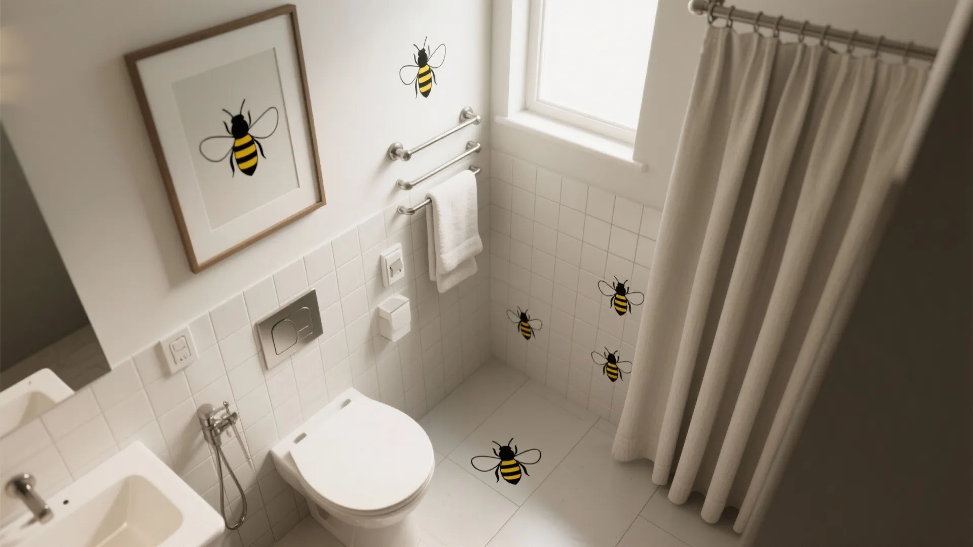 Modern white bathroom with bee wall stickers toilet white wall tiles and a grey curtain