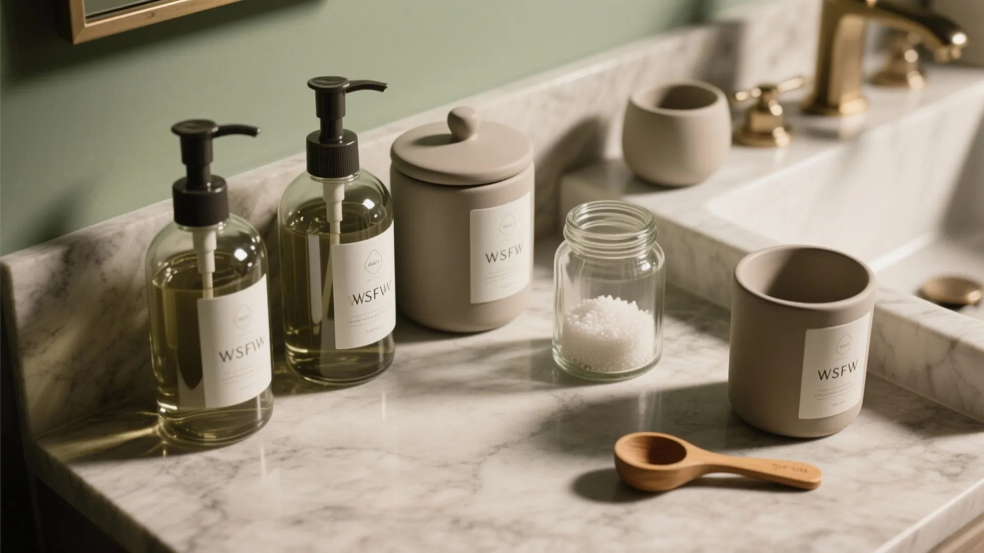 Marble bathroom counter with soap dispensers ceramic jars salt bottle and a small wooden spoon