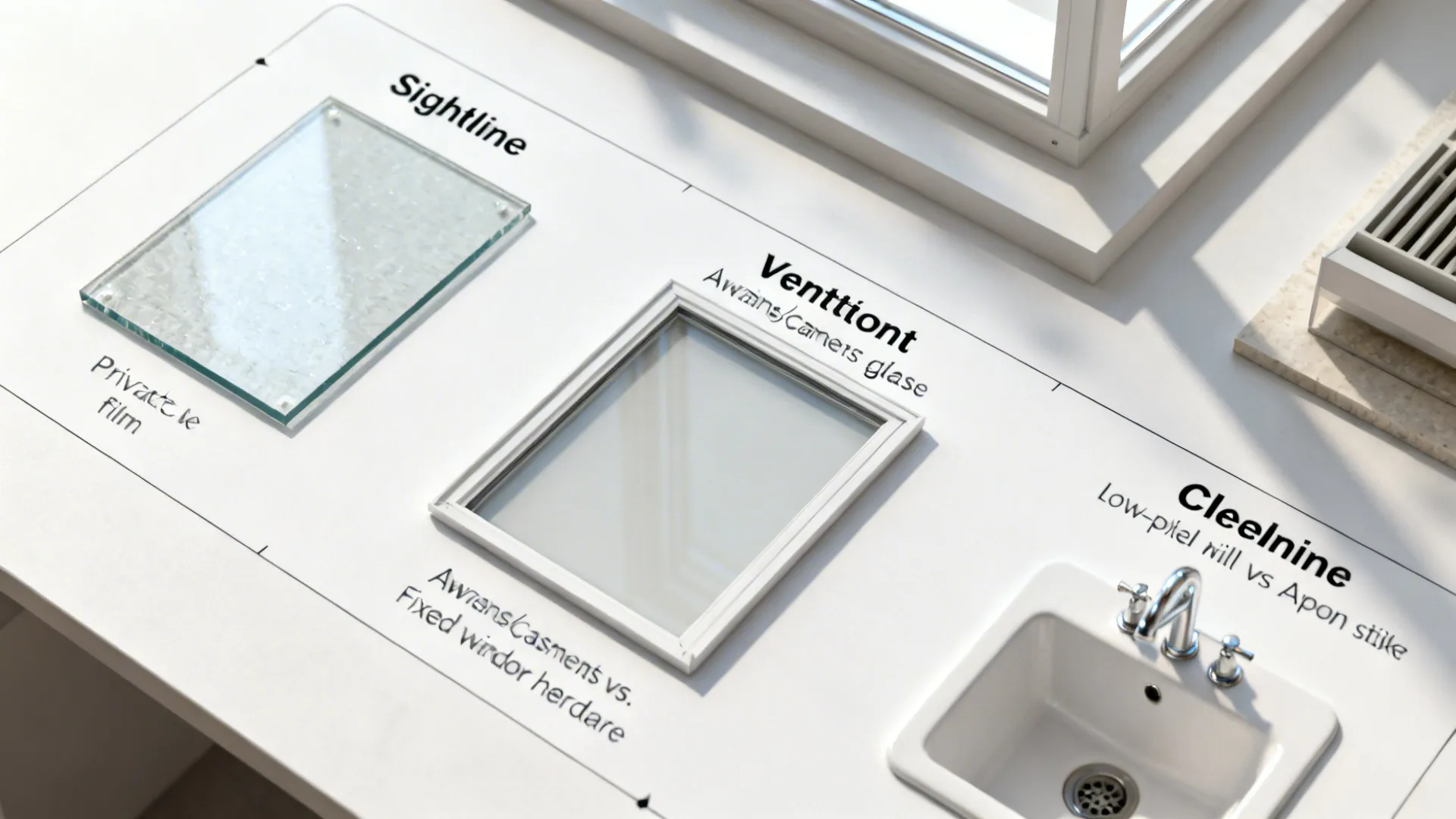 Top-down board with materials and parts representing view, ventilation, and cleanup choices.