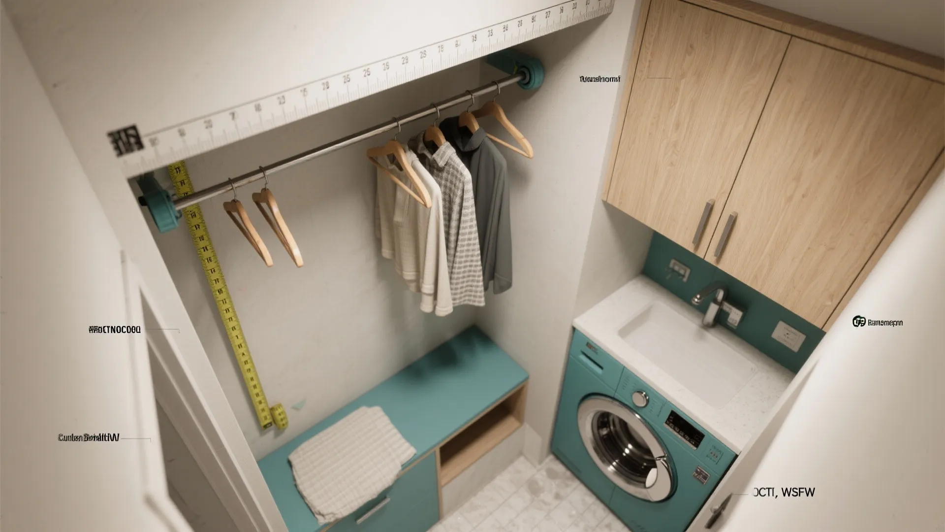 Small laundry room layout with washing machine sink wooden cabinet and clothes hanging on rod