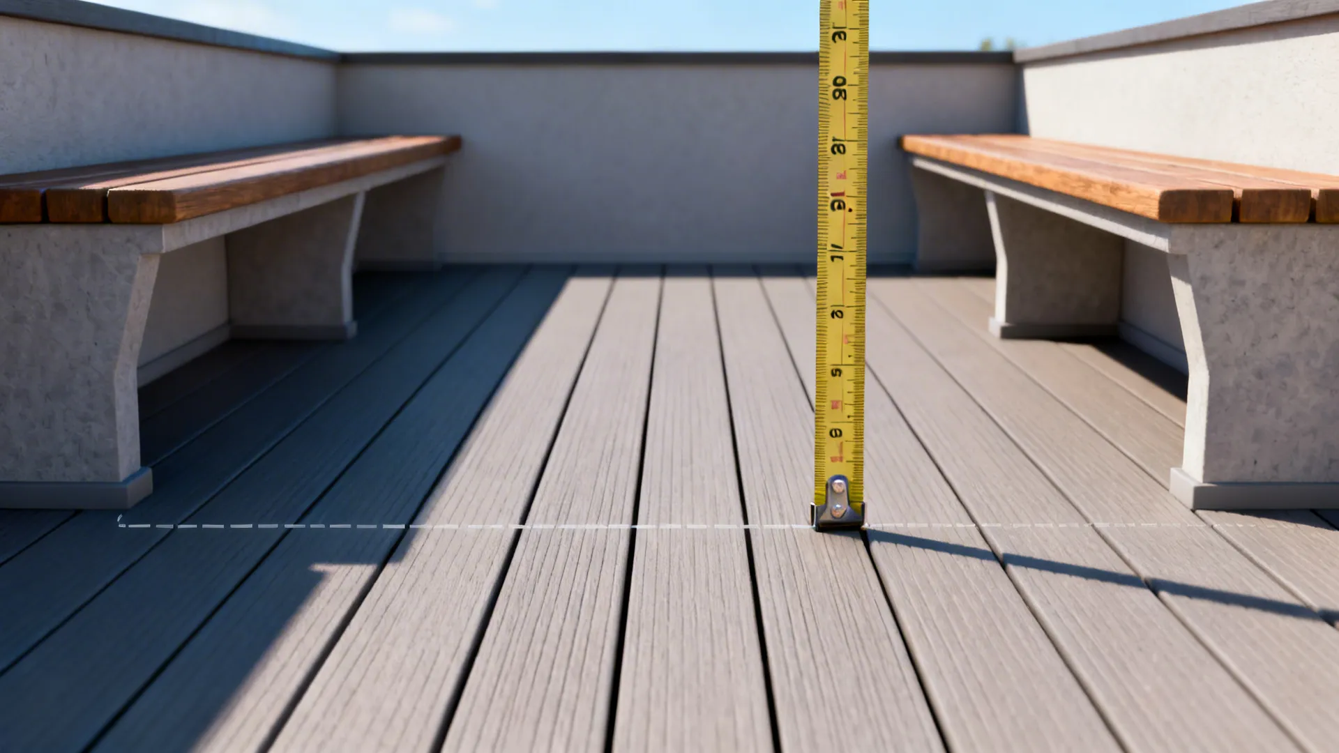 Clear 36-inch pathway on a small deck measured with a tape to show code-friendly egress.