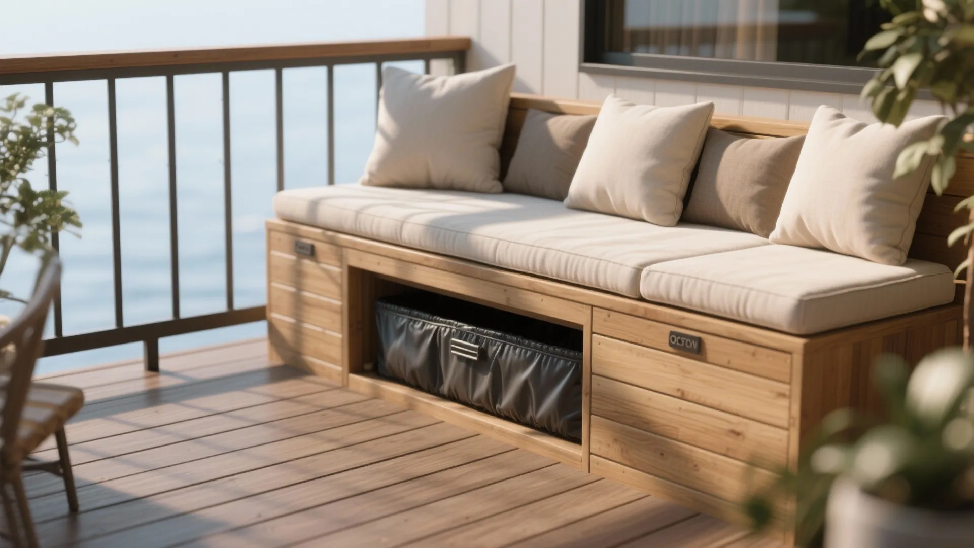 Built-in deck bench with hidden waterproof storage