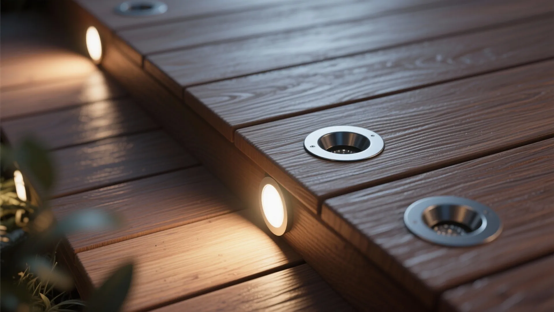 Outdoor wooden deck steps with round metal light fixtures installed into the wood floor boards