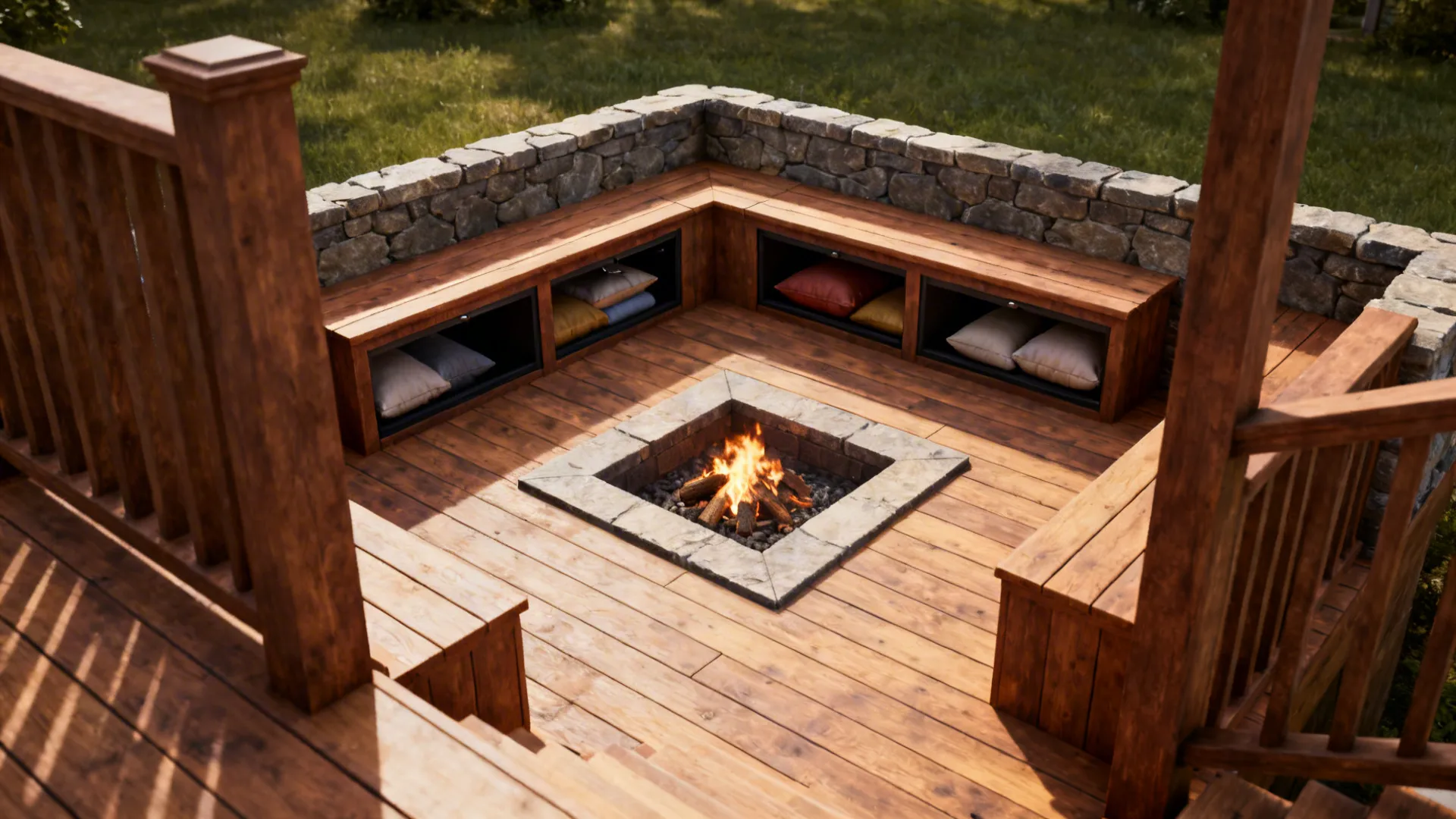 Raised deck with a recessed fire pit and built-in bench storage in a compact backyard.
