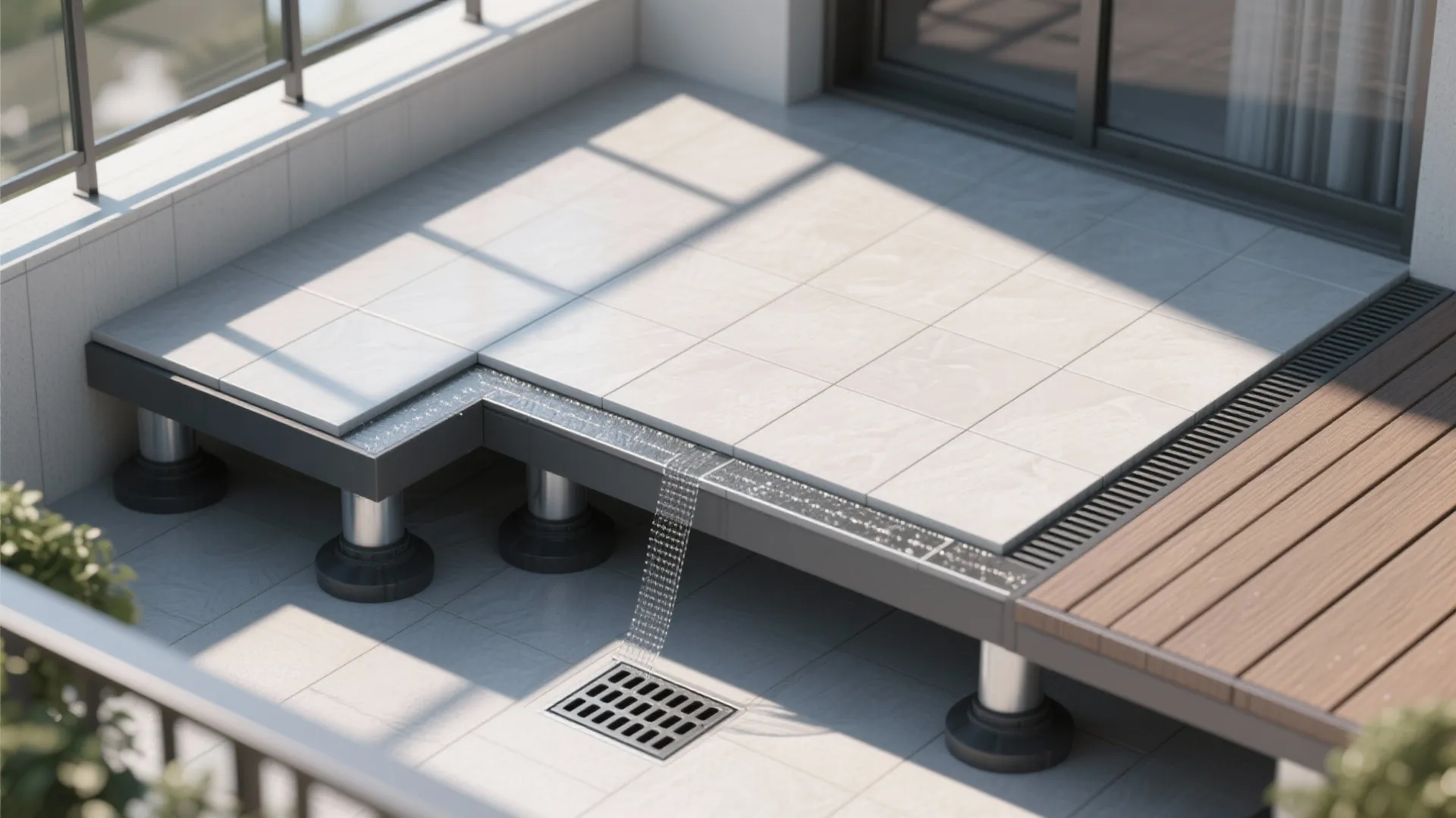 Balcony drainage system showing water flowing from tiles through a channel into a floor drain