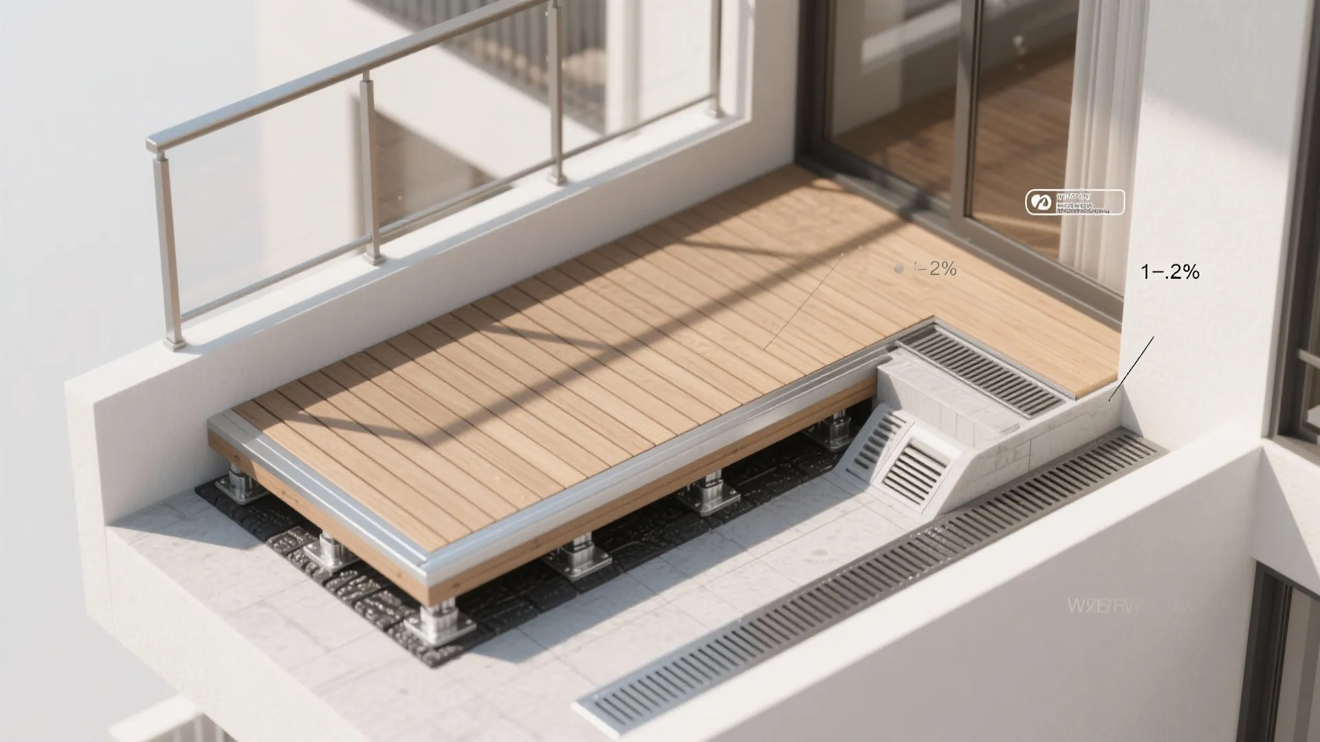 Minimalist rail-to-floor system with concealed drainage