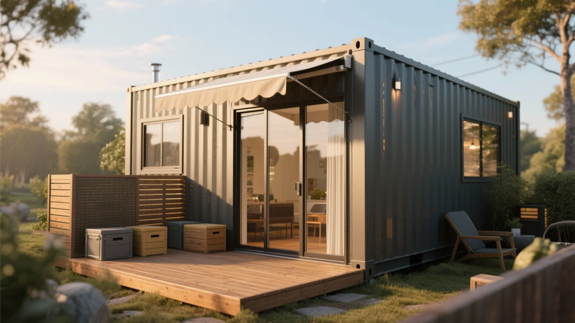 Container home with sliding glass doors opening to a deck with retractable awning and outdoor storage