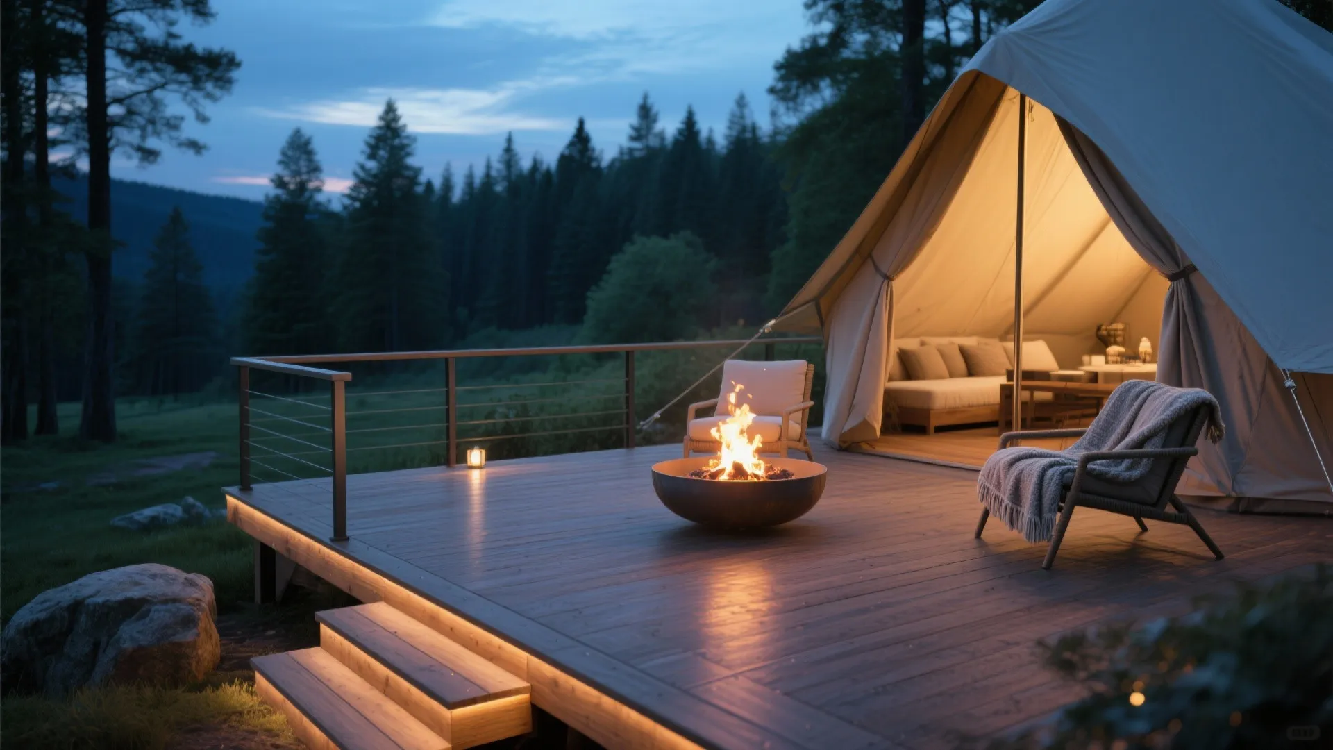 Platform deck outside a canvas tent with a low fire bowl, two chairs with wool throws, and edge-lit step markers against a forest backdrop.