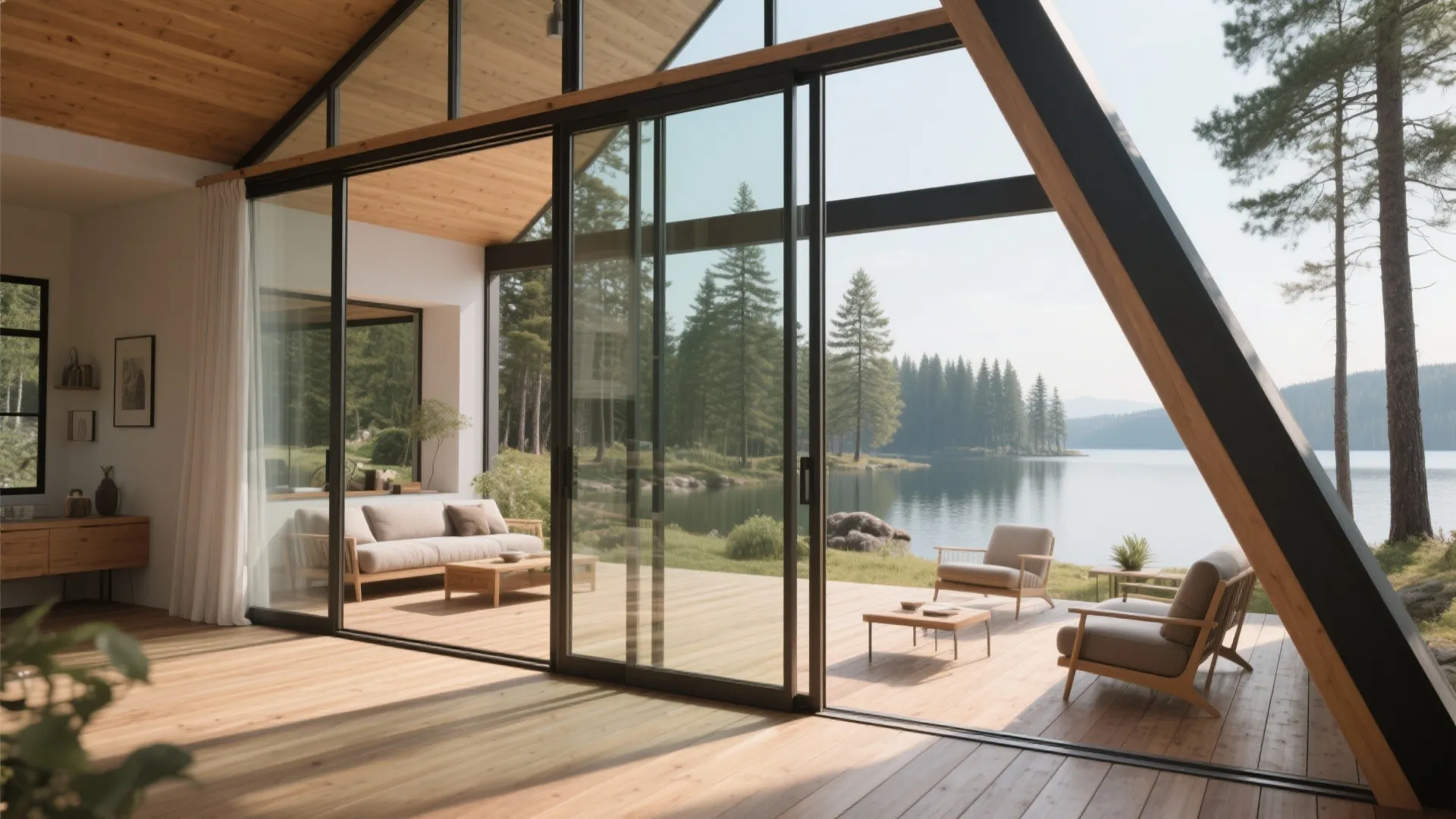 A foldable glass wall opening from an A-frame living area onto a compact wooden deck, blending interior and exterior.