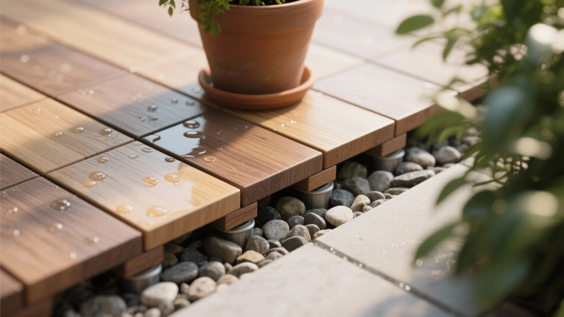 Mixed Textures: Timber Deck Tiles, Gravel Trays, and Soft Lighting