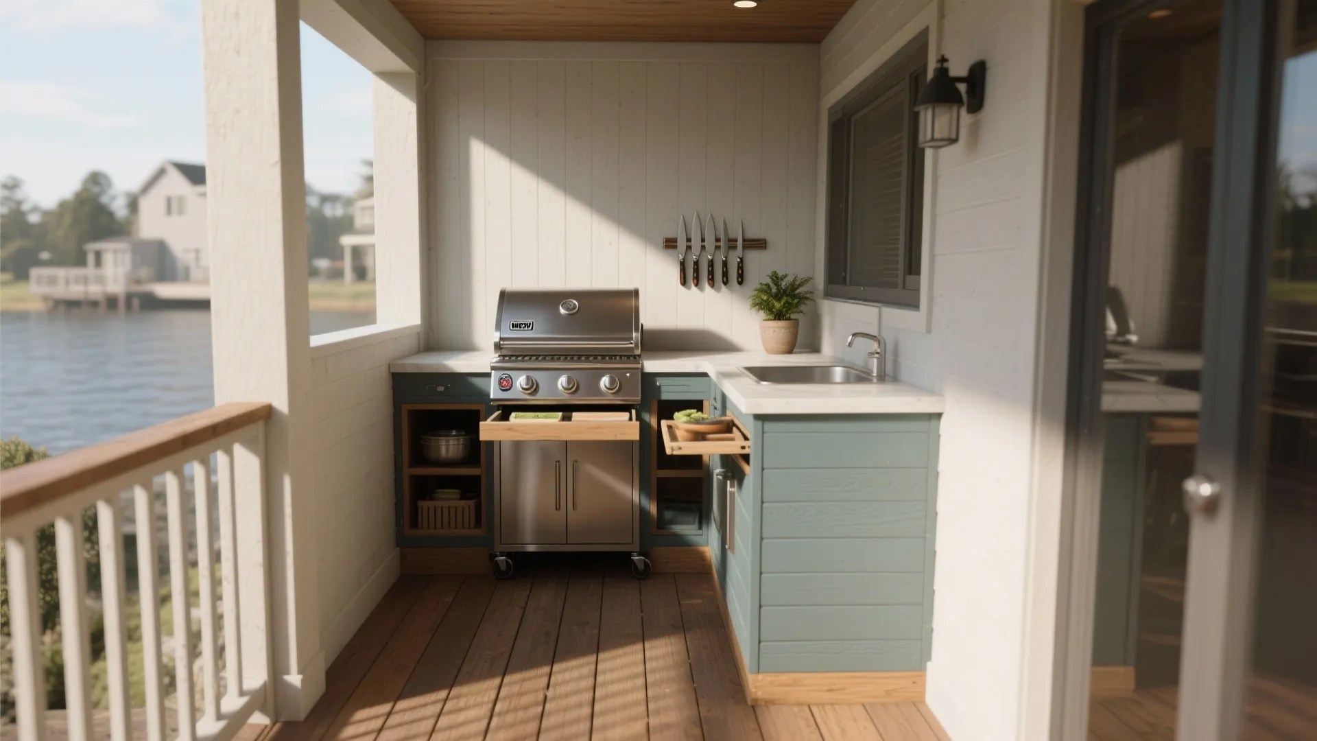 1. Compact Grill Cart Built into a Deck Nook