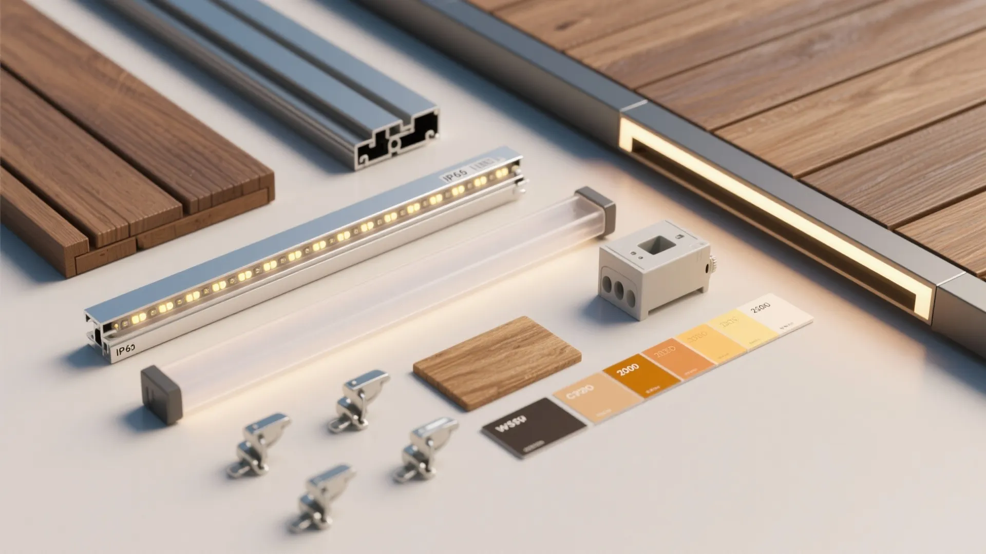 Flat lay of under-rail lighting materials including channels, diffusers, IP65 LED strips, and finishes.