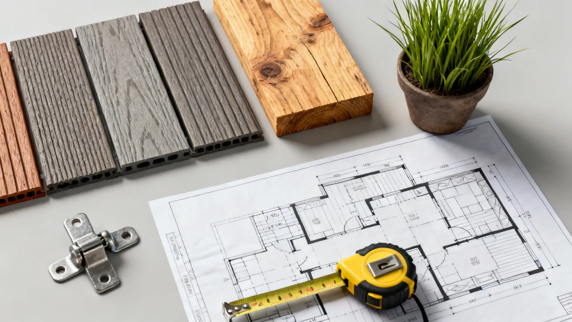 Flatlay of decking materials, hardware, tape measure and a floorplan mockup for deck planning.