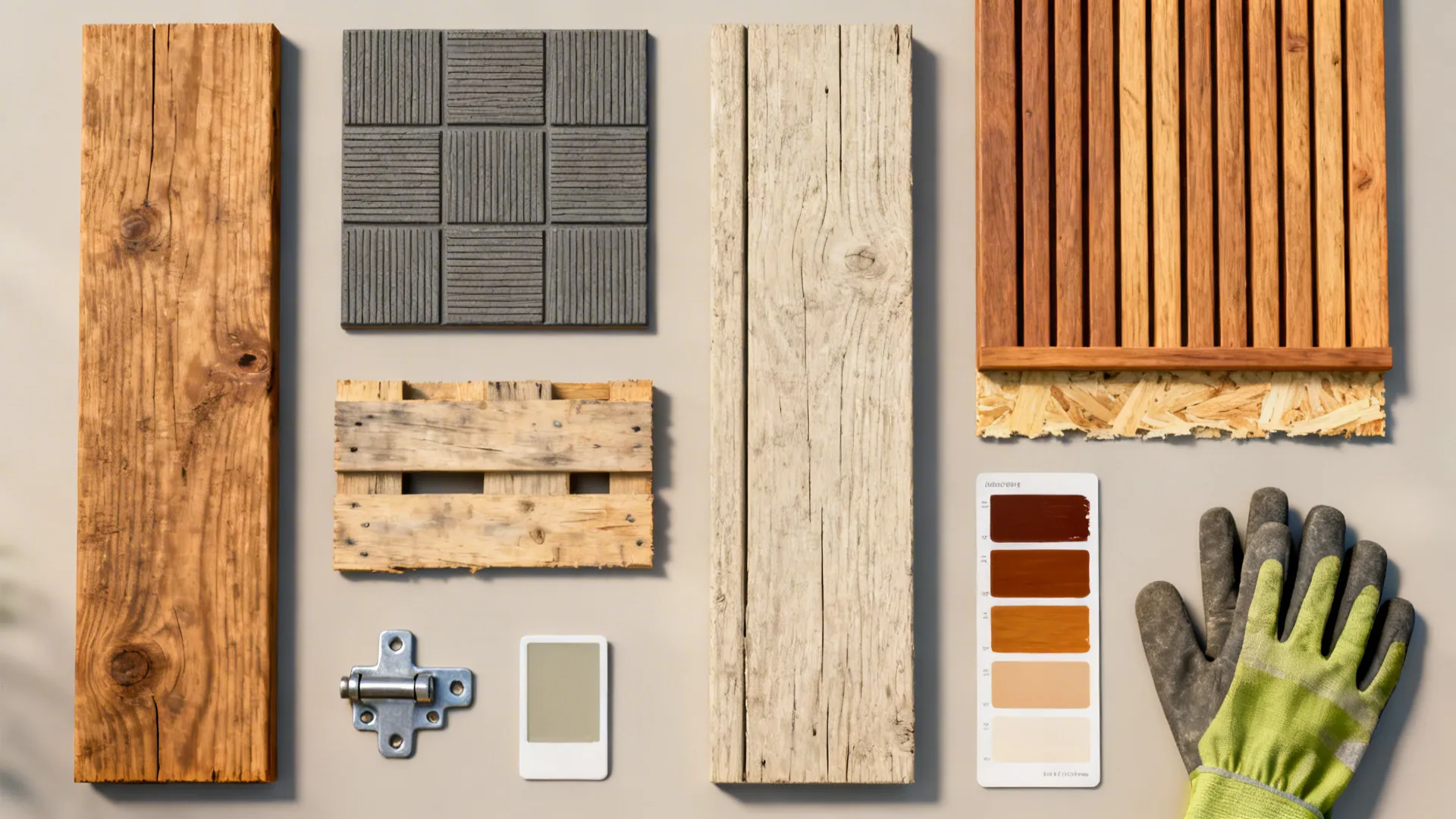 Flatlay of deck material samples: pressure-treated wood, composite tile, pallet board and hardware.