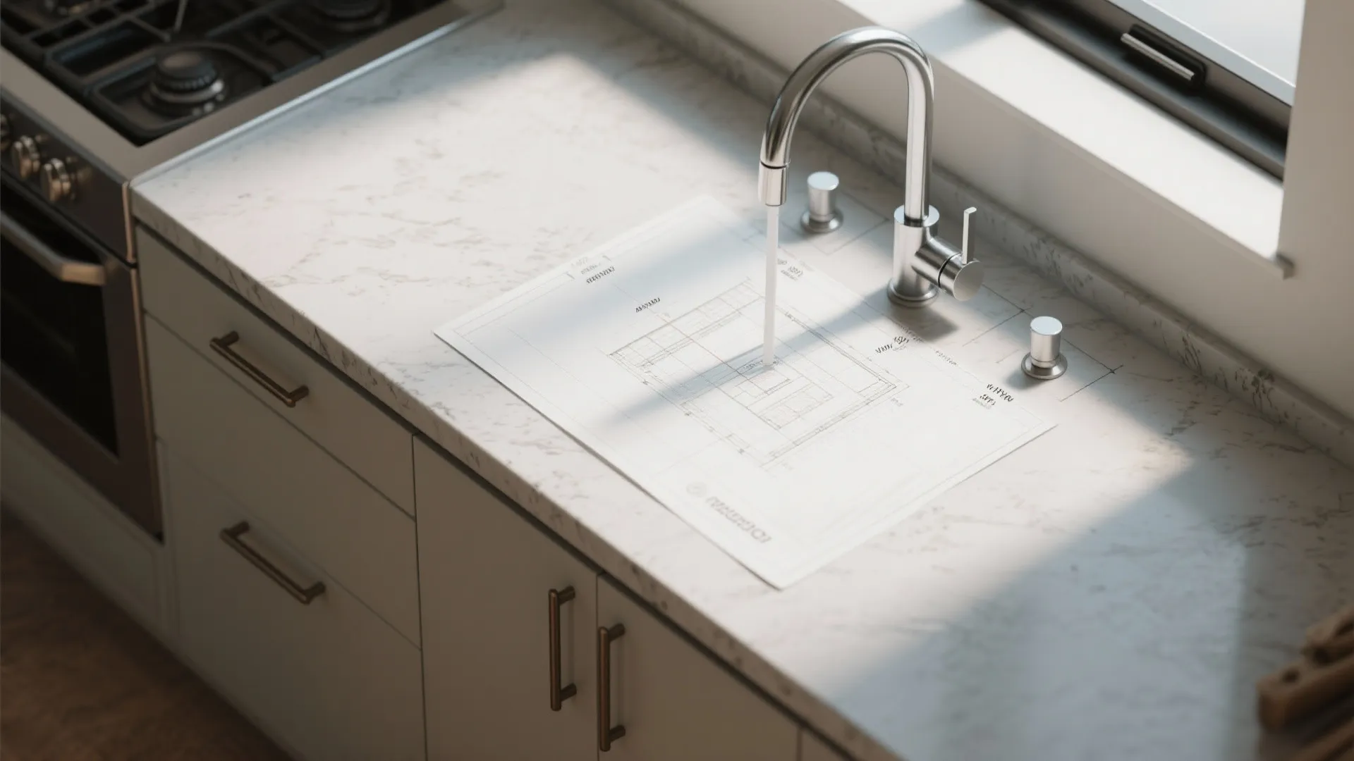 Silver kitchen faucet on marble countertop with a paper floor plan and white cabinet drawers