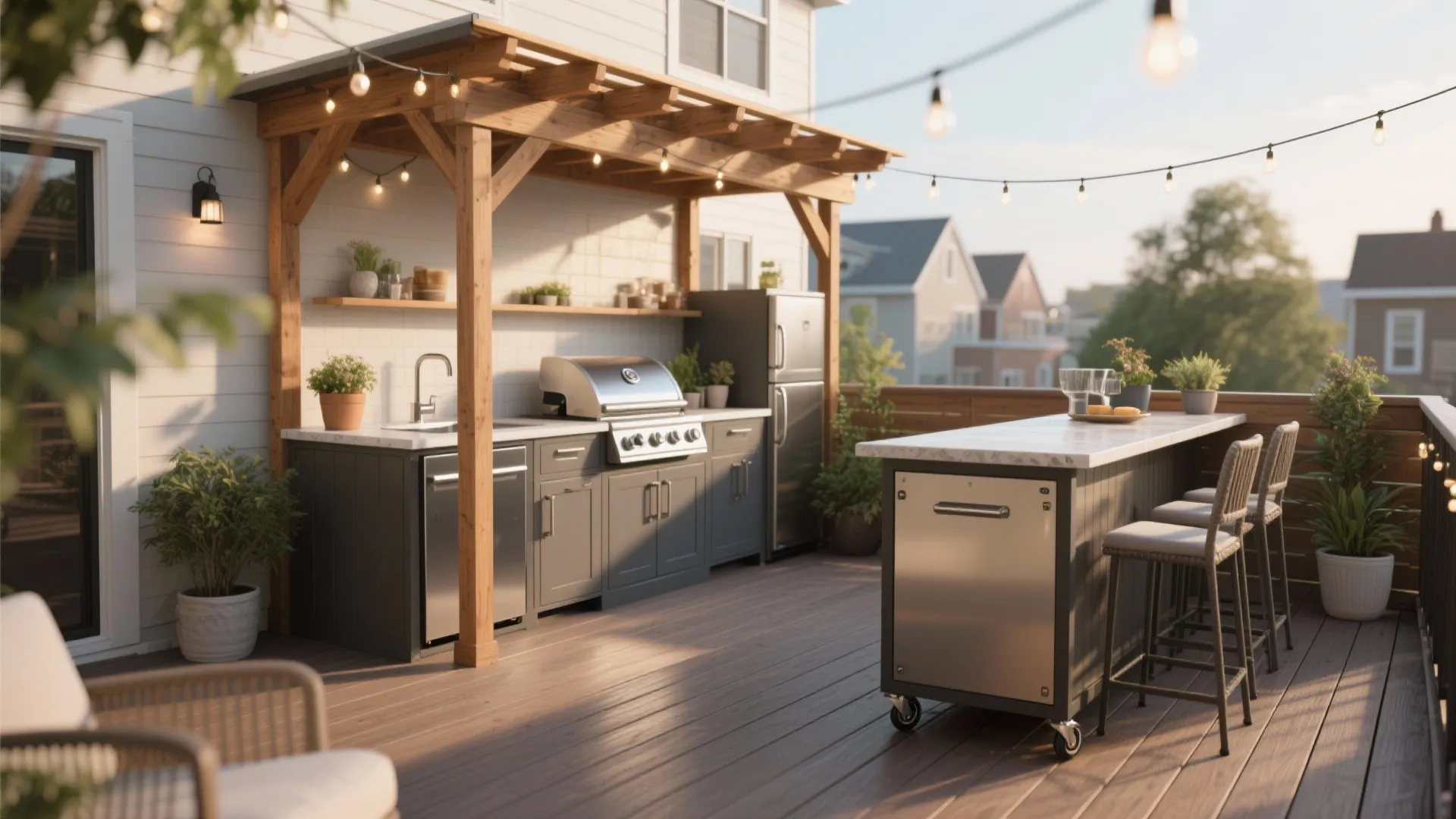 Wooden deck with outdoor kitchen featuring grey cabinets metal grill pergola and hanging string lights