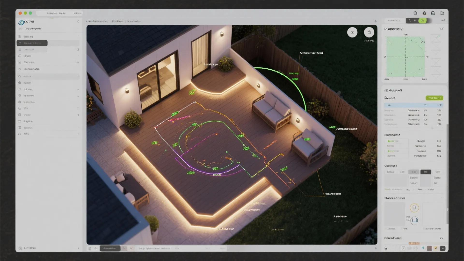 Coohom deck planner interface showing an outdoor patio layout with sofa furniture and lighting measurements