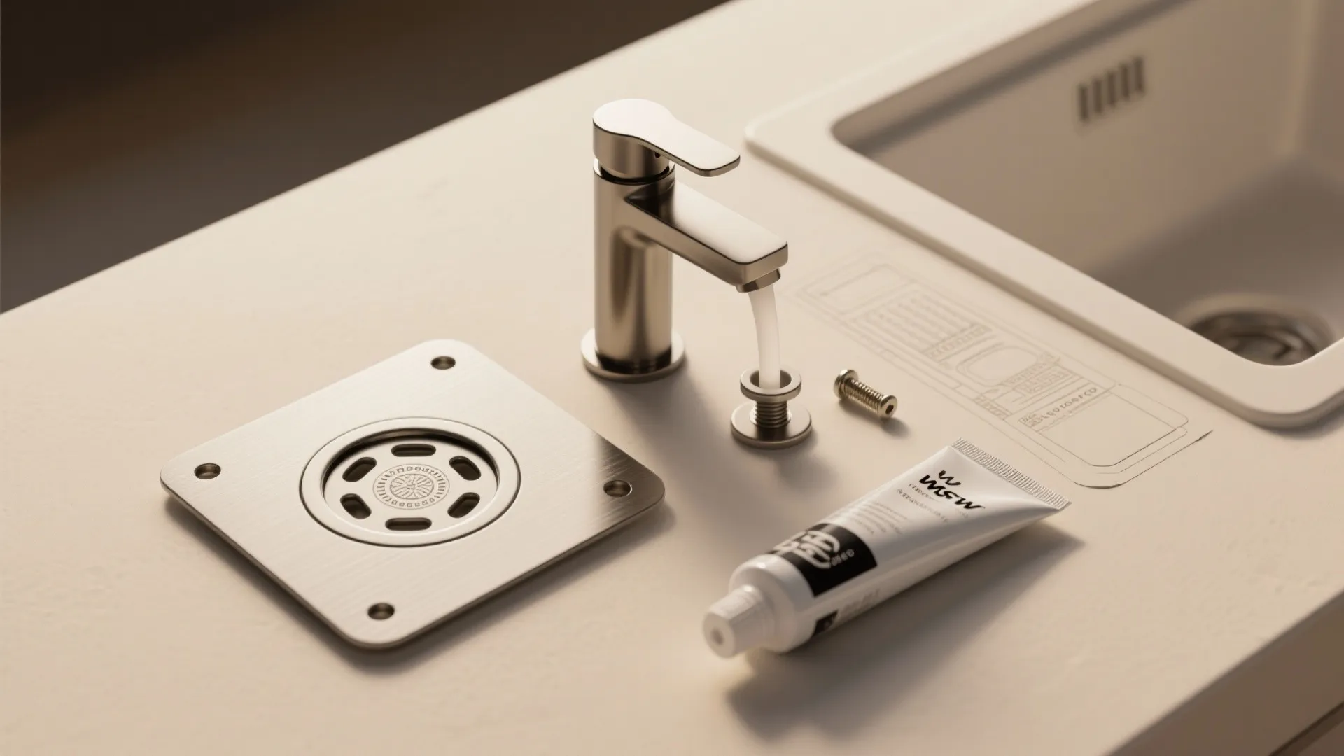 Modern silver water tap on white countertop with metal drain cover and small glue tube