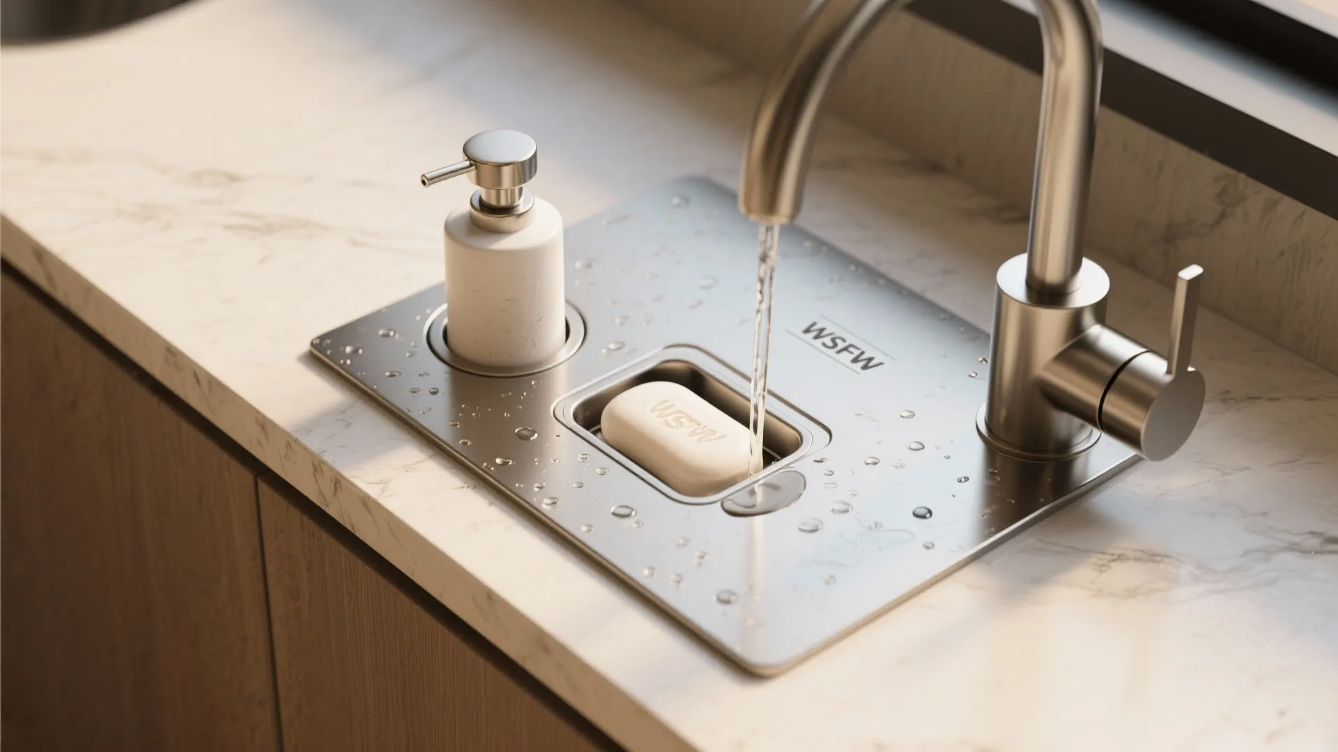 Modern kitchen sink with water faucet soap dispenser and bar of soap on metal plate