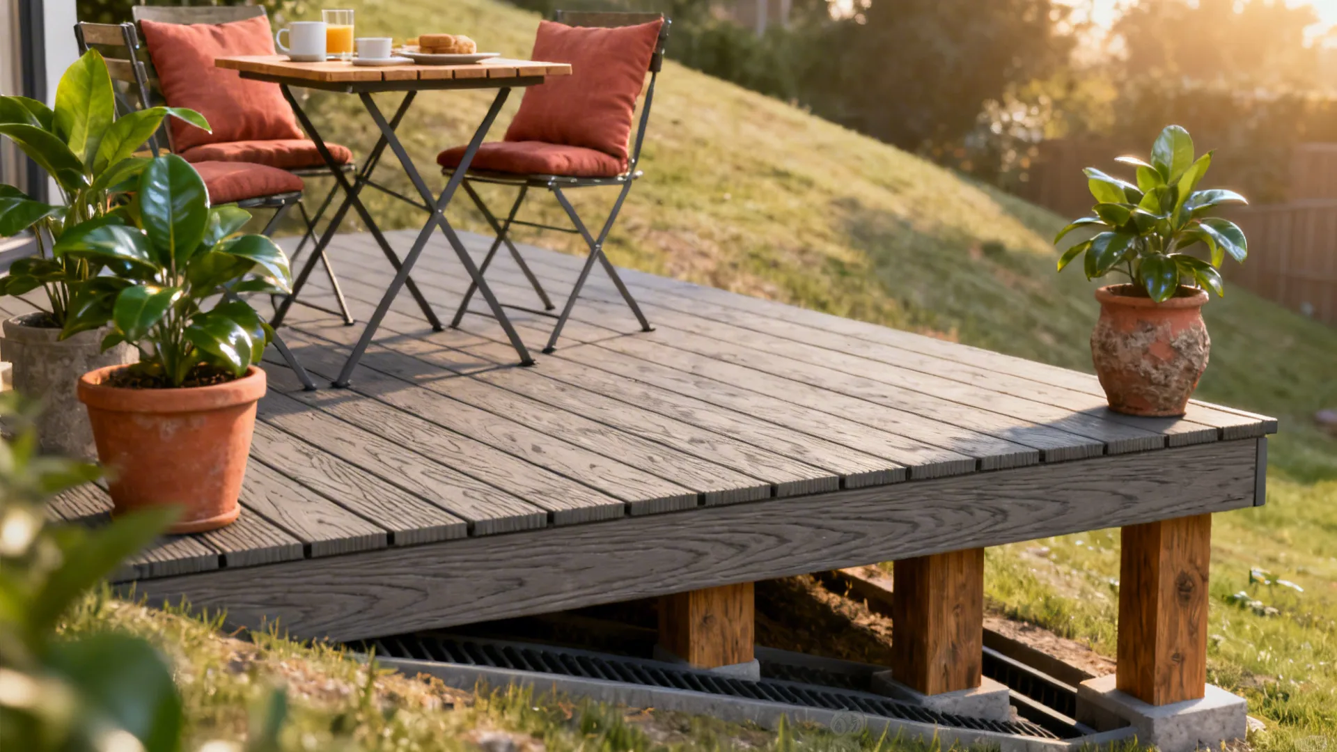 Small level deck platform on a sloped backyard with a bistro table and potted plants.