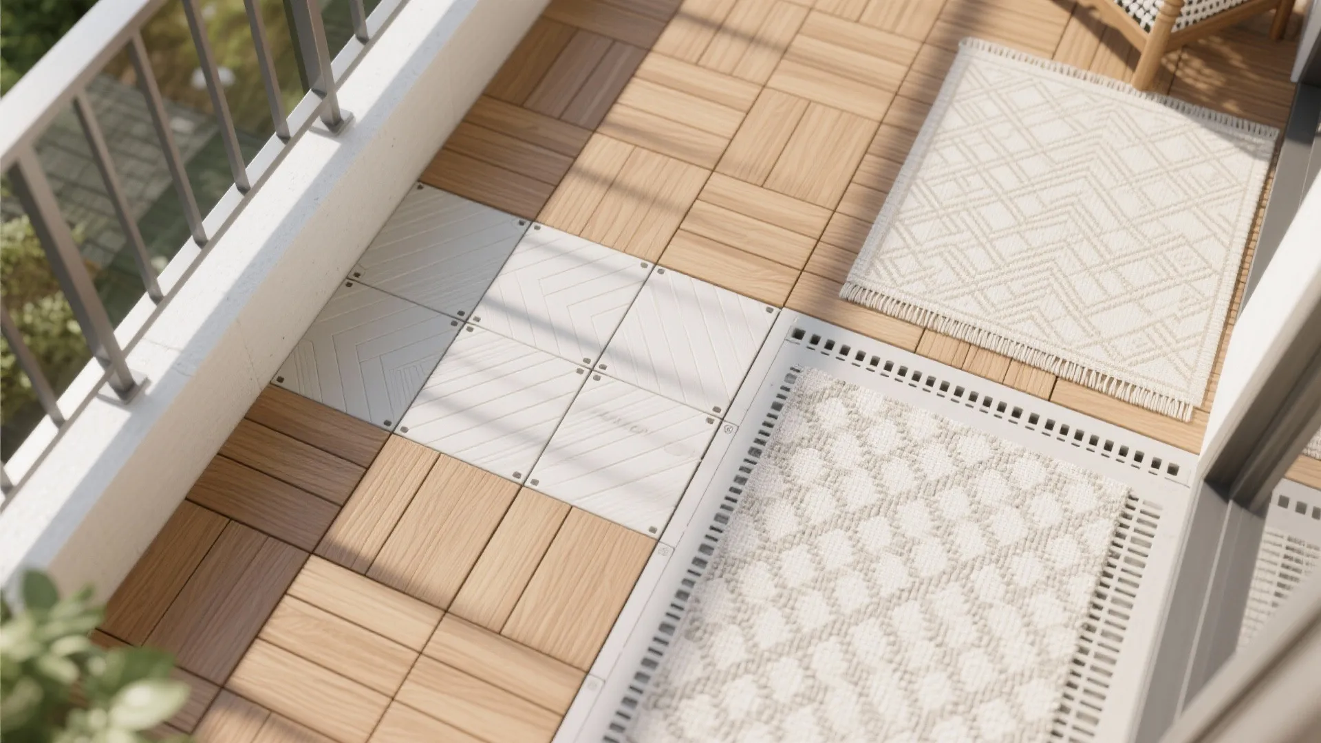 4) Deck tiles + outdoor rug: comfort underfoot, fast