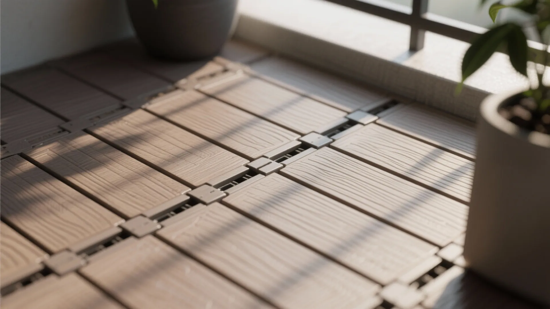Macro view of composite deck tile click edge and wood-grain texture with drainage gap.
