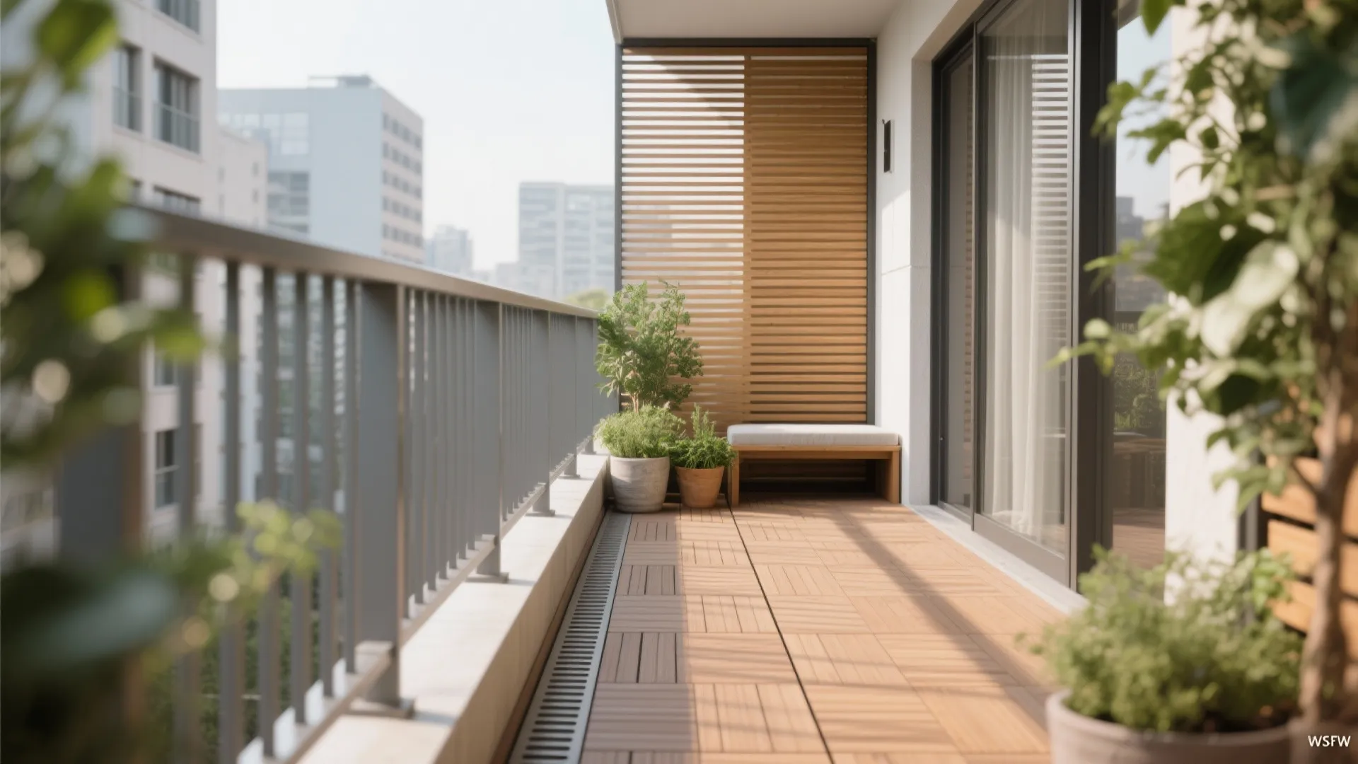 Warm wood underfoot: deck tiles and slatted screens