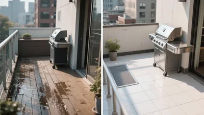 Modern Balcony Grill Space with Tile and Wood Decking