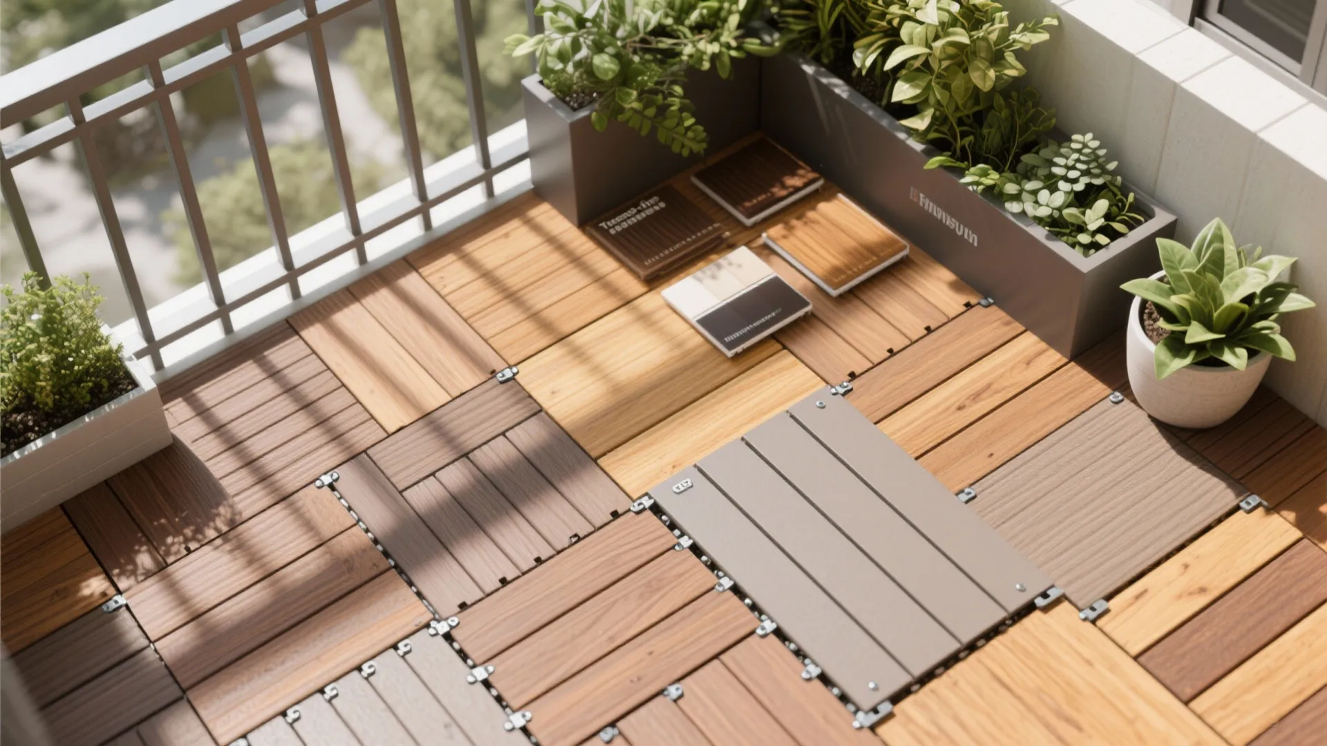 Warmth with Wood Deck Tiles and Planters