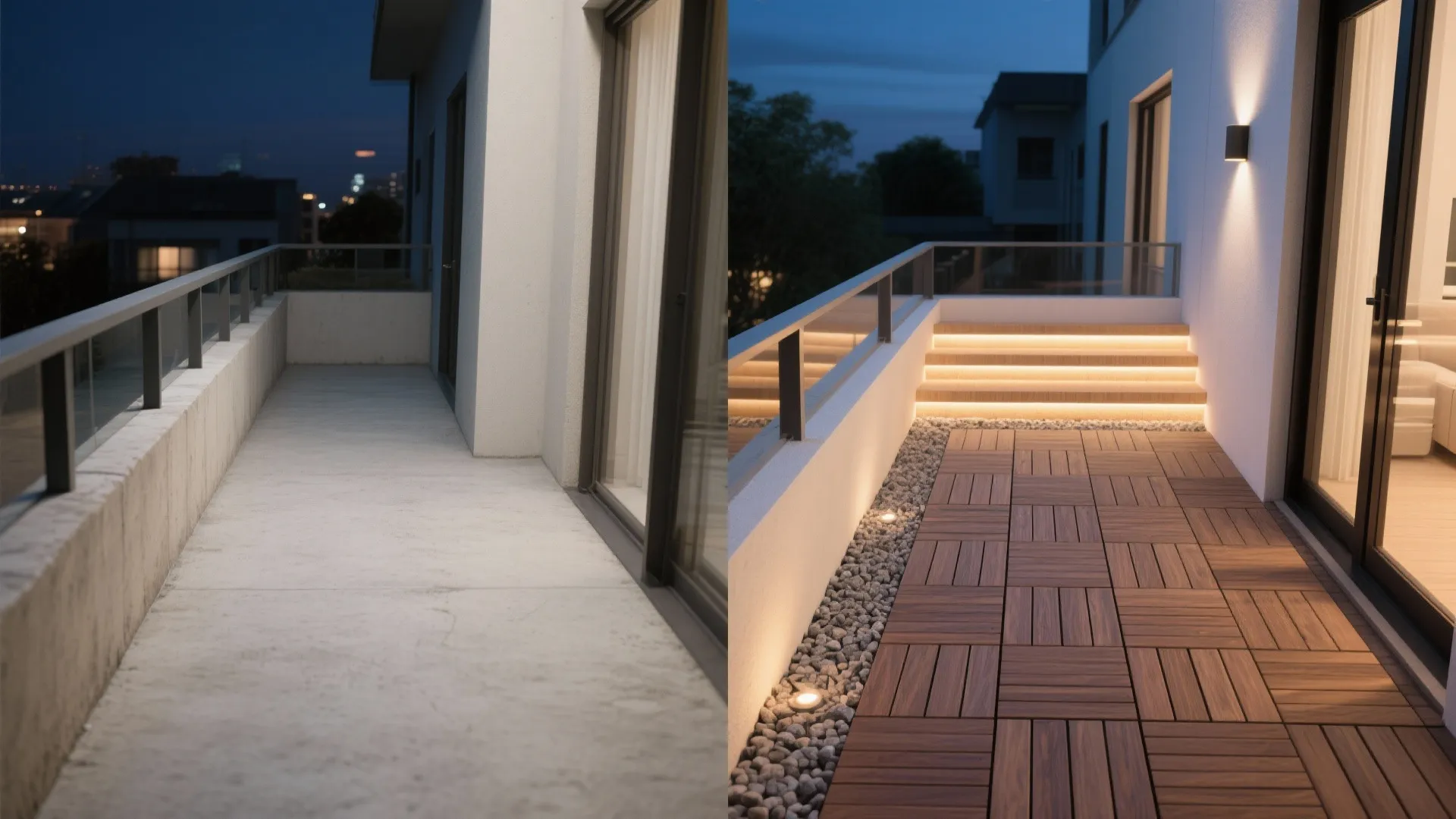 Gravel, Timber Deck Tiles, and Soft Lighting