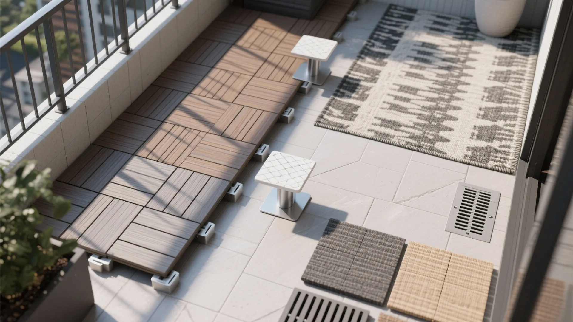 Idea 5: Modular deck tiles and outdoor rugs with smart drainage