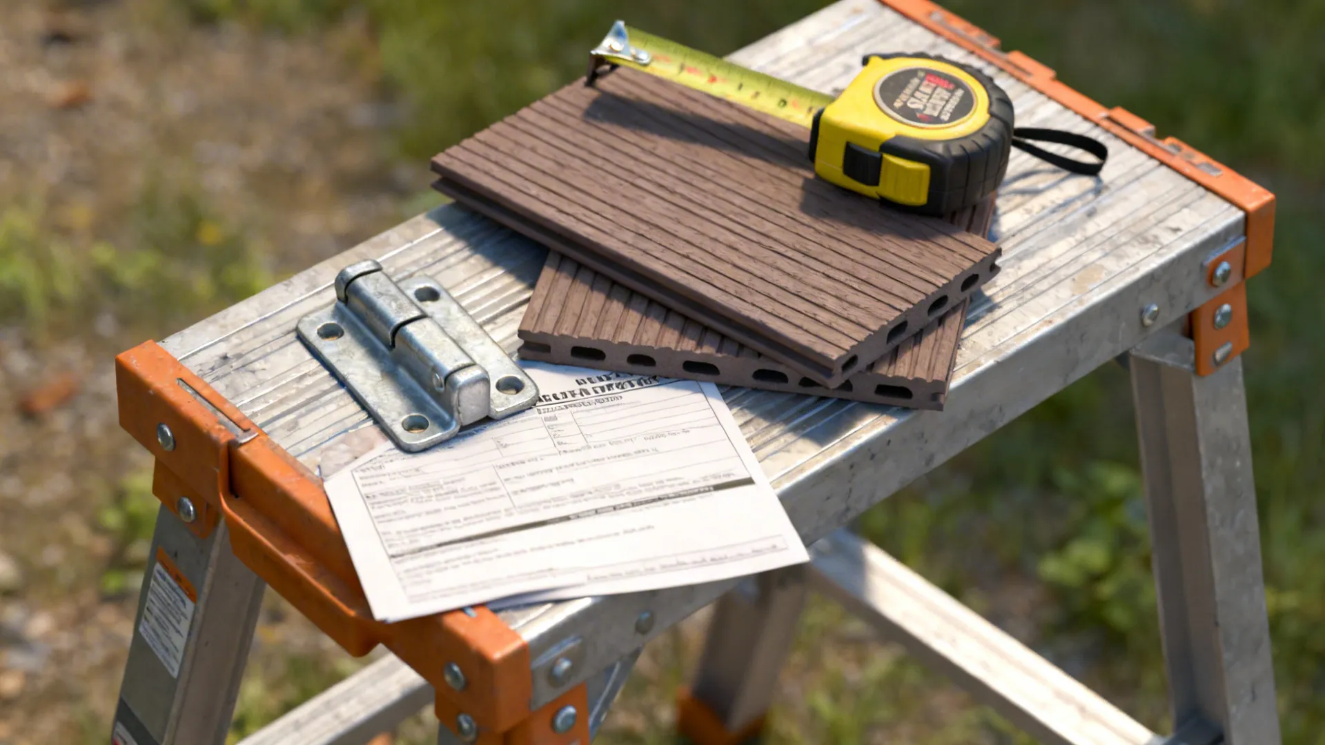 Close-up of deck tools and permit paperwork with composite tile and hinge sample.