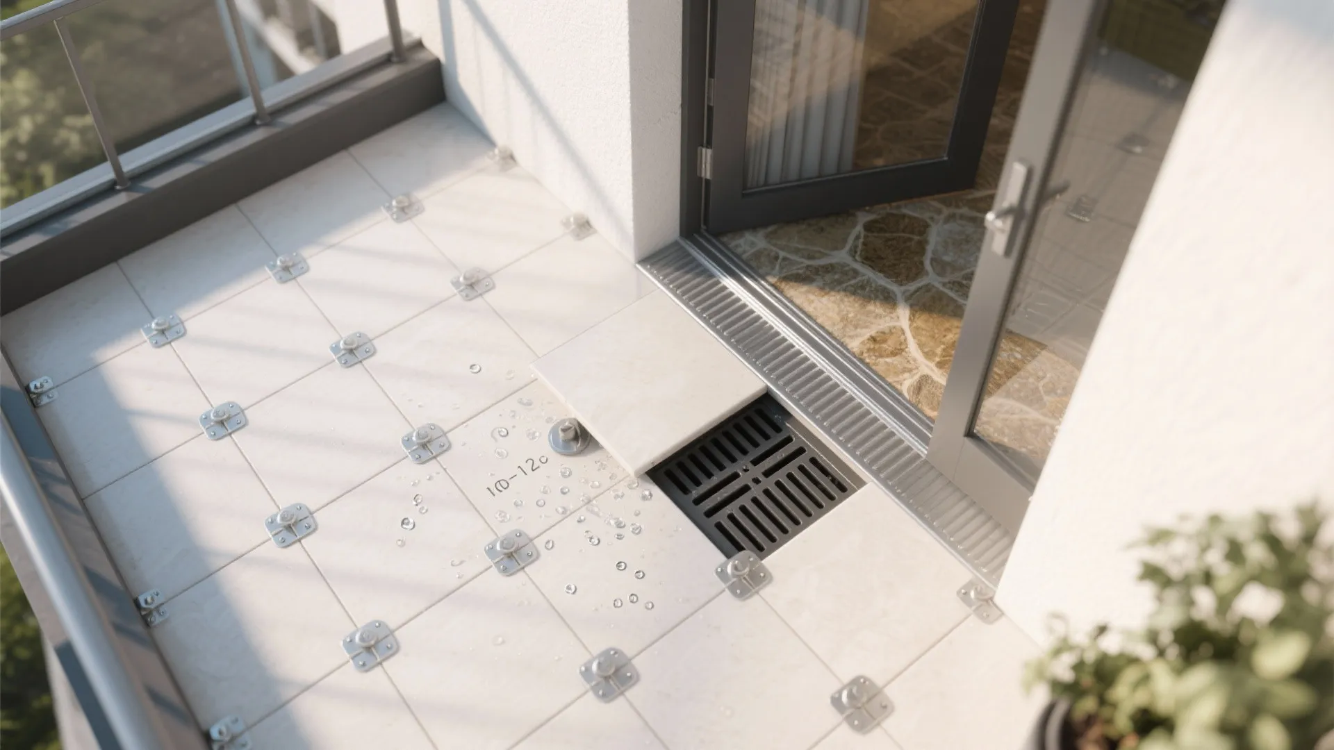 Top view of balcony floor tiles with water drainage system next to an open glass door