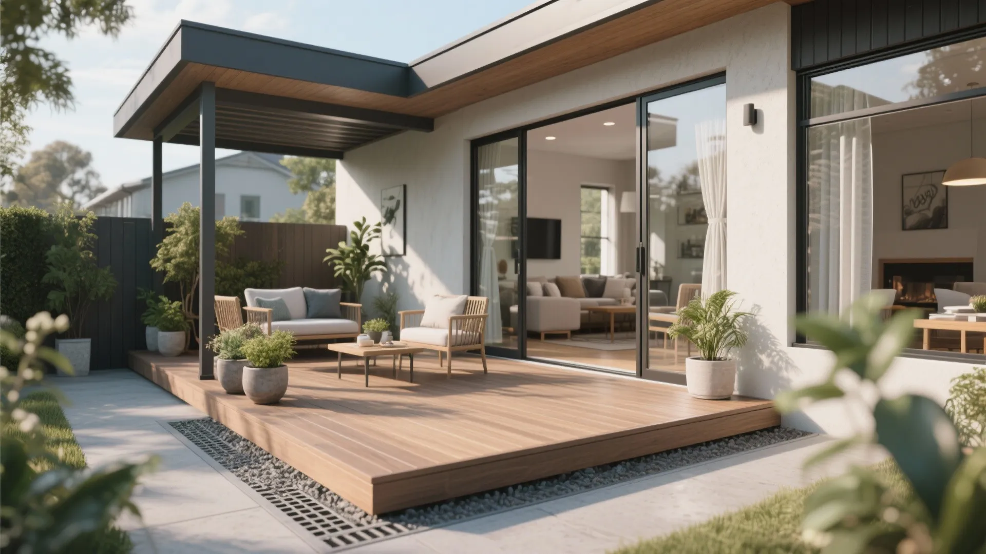 Outdoor wooden deck area with chairs table plants and sliding glass doors leading to living room
