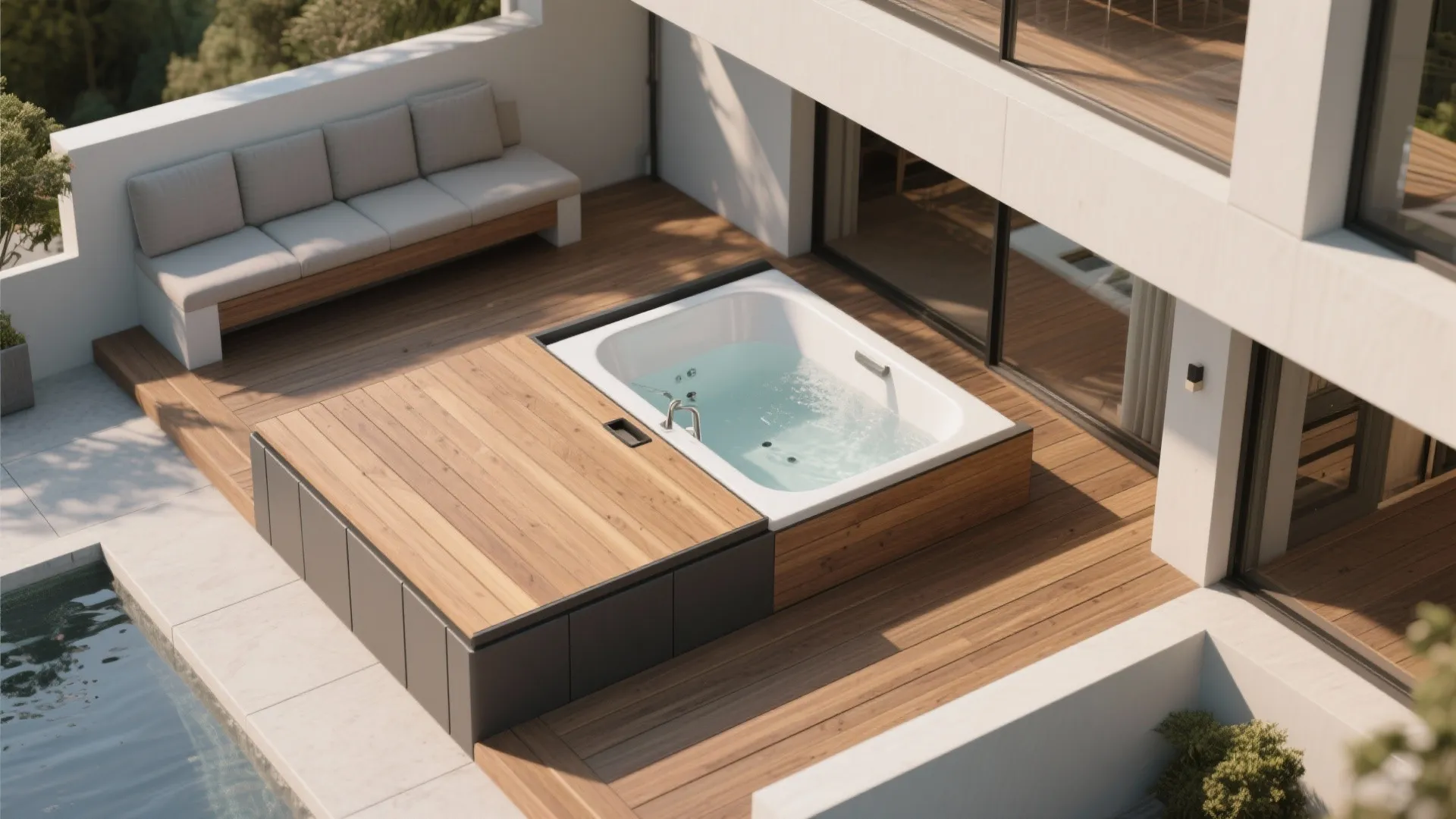 Modern outdoor wooden deck with a white bathtub and sliding cover plus a grey sofa