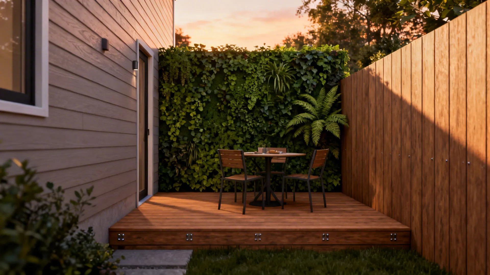 Small wooden deck with a lush vertical green wall and a compact dining set.