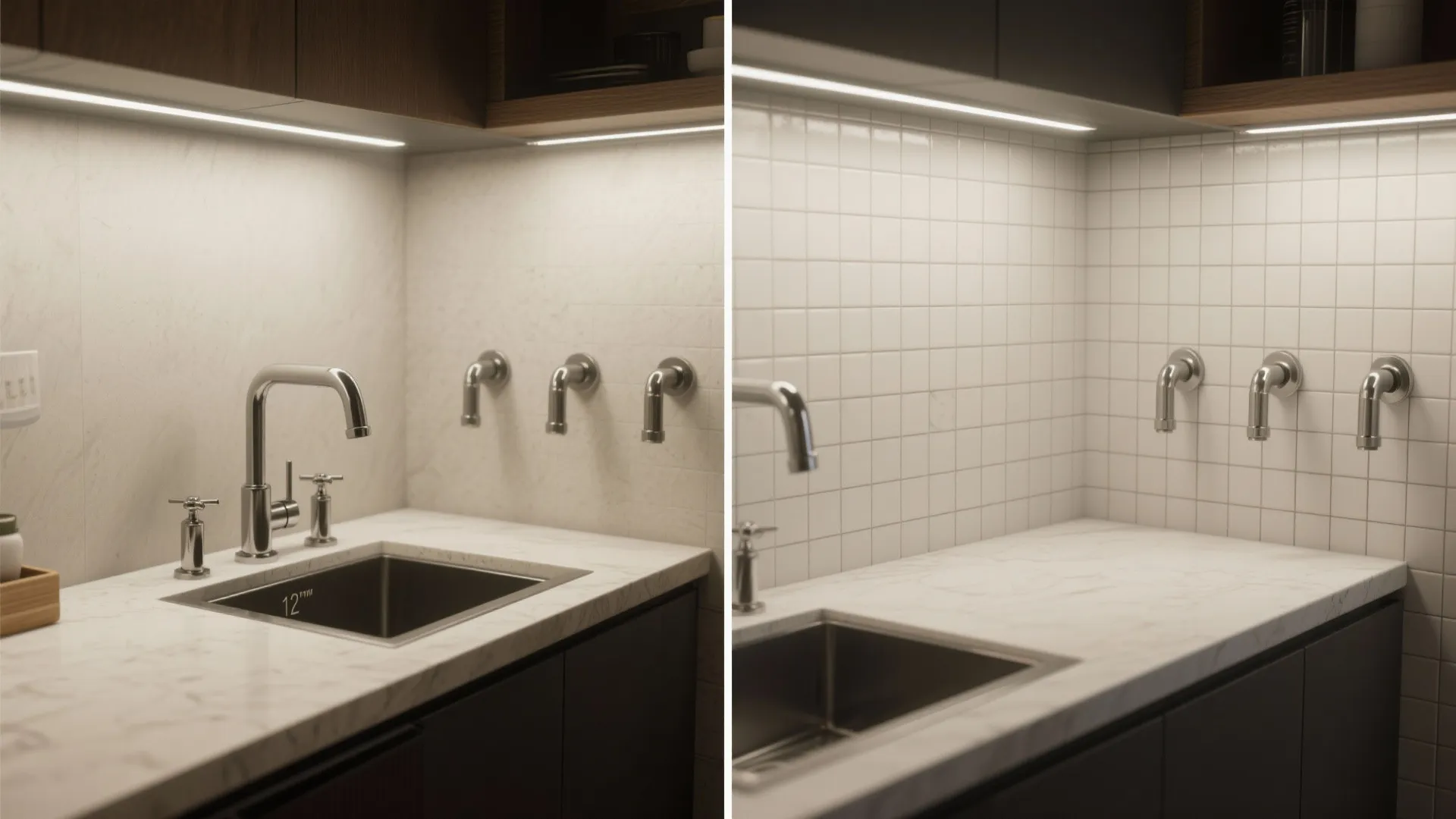 Before-and-after comparison of deck-mounted vs wall-mounted three-piece faucet in a tiny countertop setup.