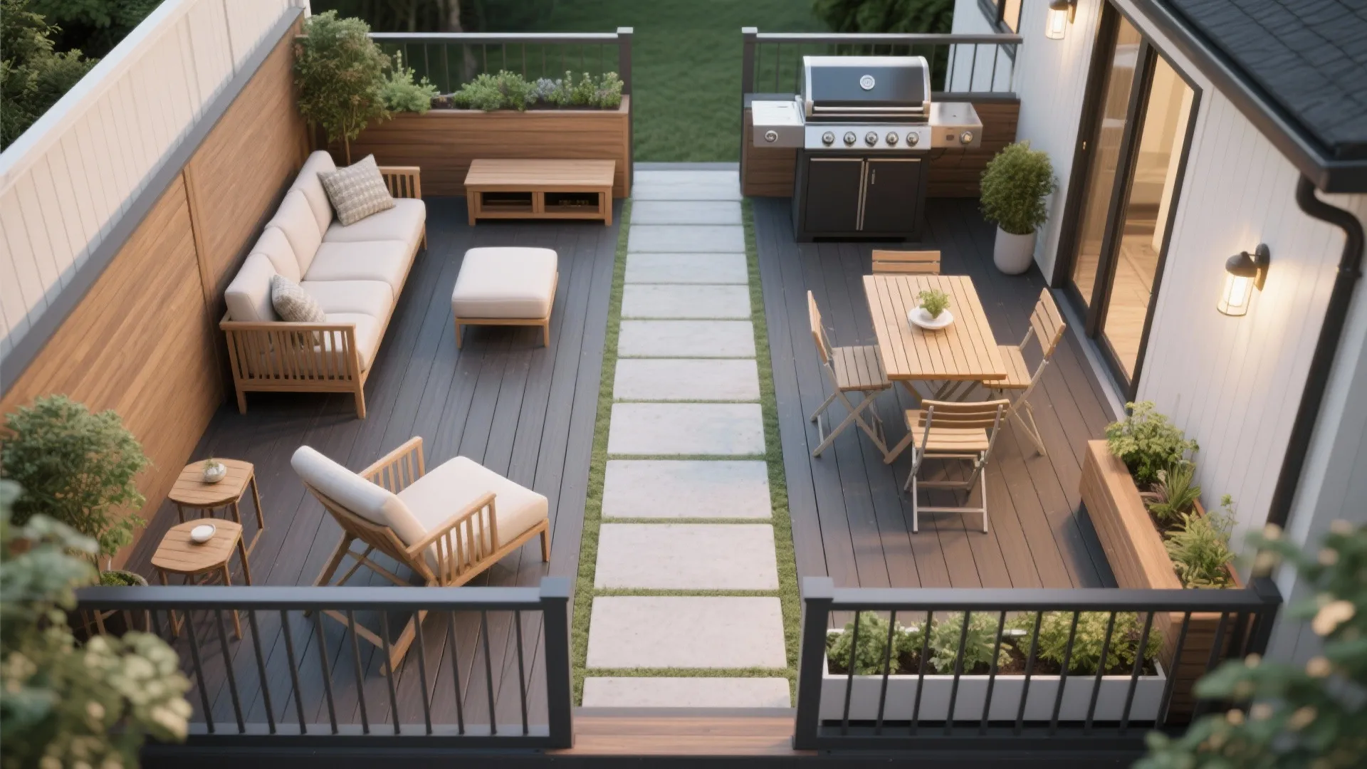 Zone a Compact Deck for Lounging, Dining, and Cooking