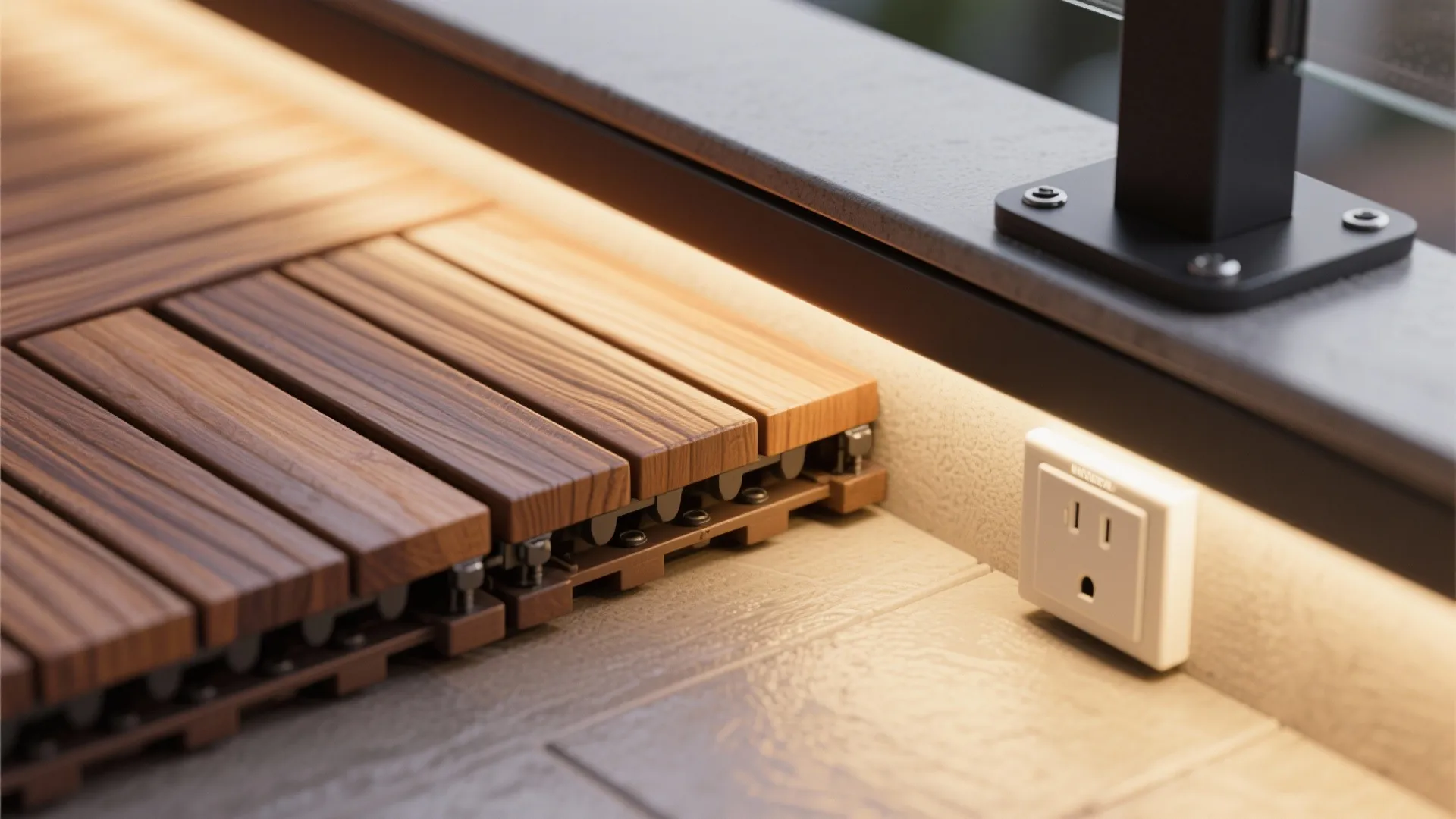 Warm wood accents with hidden power and micro-bar