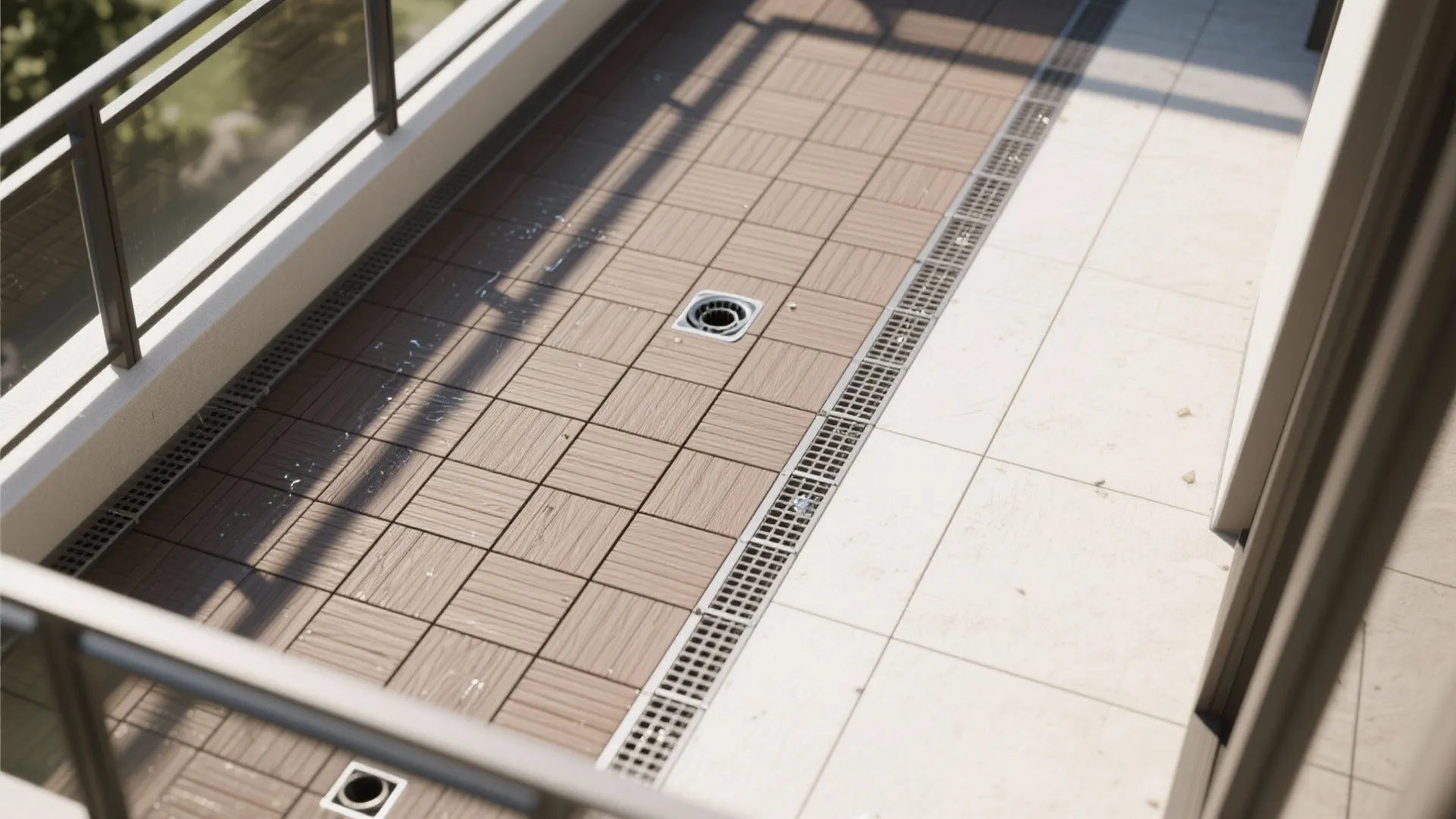 Close up of balcony wood floor tiles with metal water drainage grates and outdoor railing