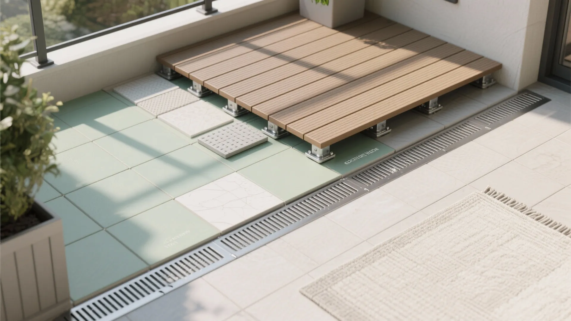 Balcony floor with wood tiles on metal supports above green squares and a long drain