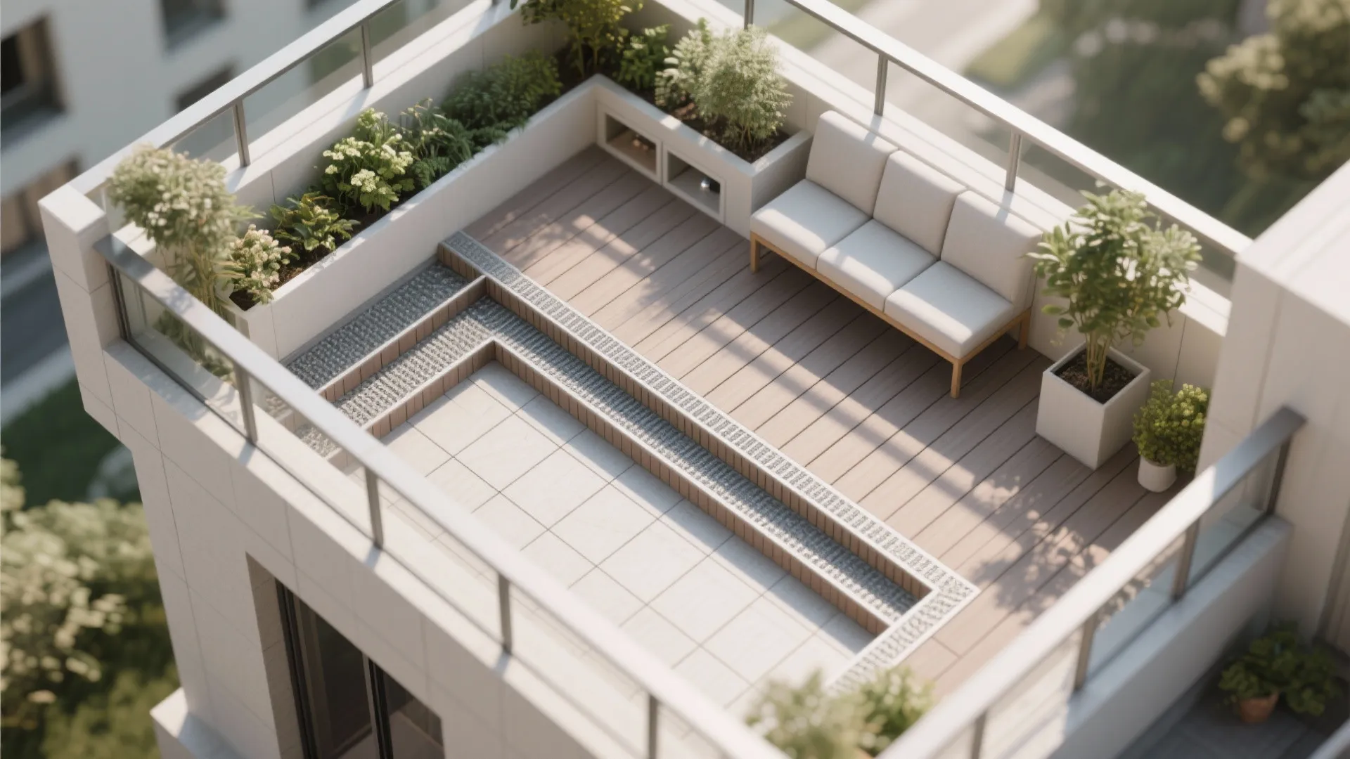 Dual-height decking and hidden storage bench