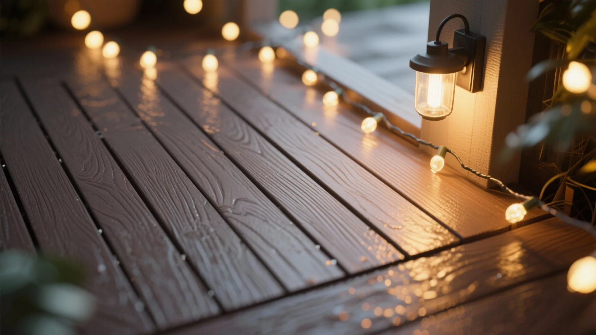 Close up of outdoor wooden deck with warm wall light and glowing string lights decoration