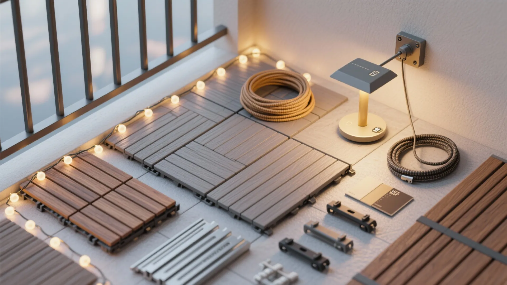 Outdoor balcony flooring tiles with string lights and small table light on the floor surface
