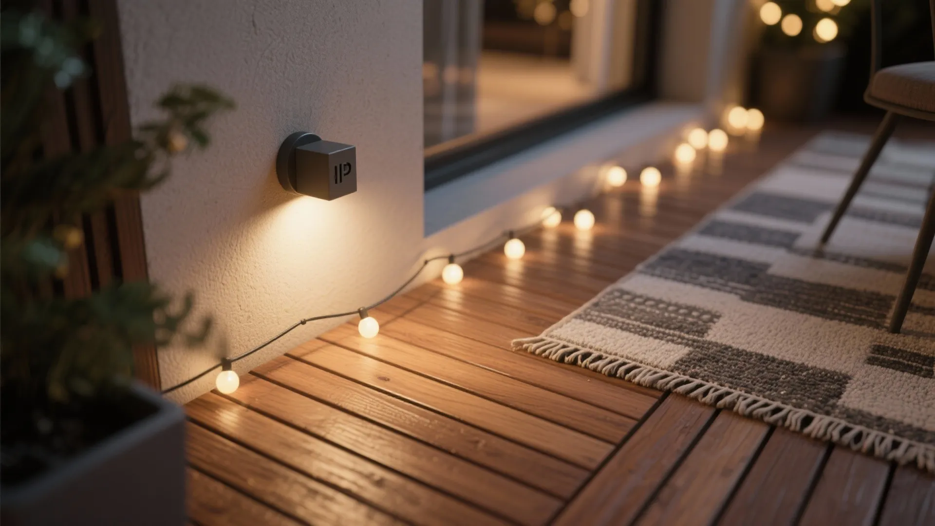 Warm timber decking, layered lighting, and a weather-friendly rug