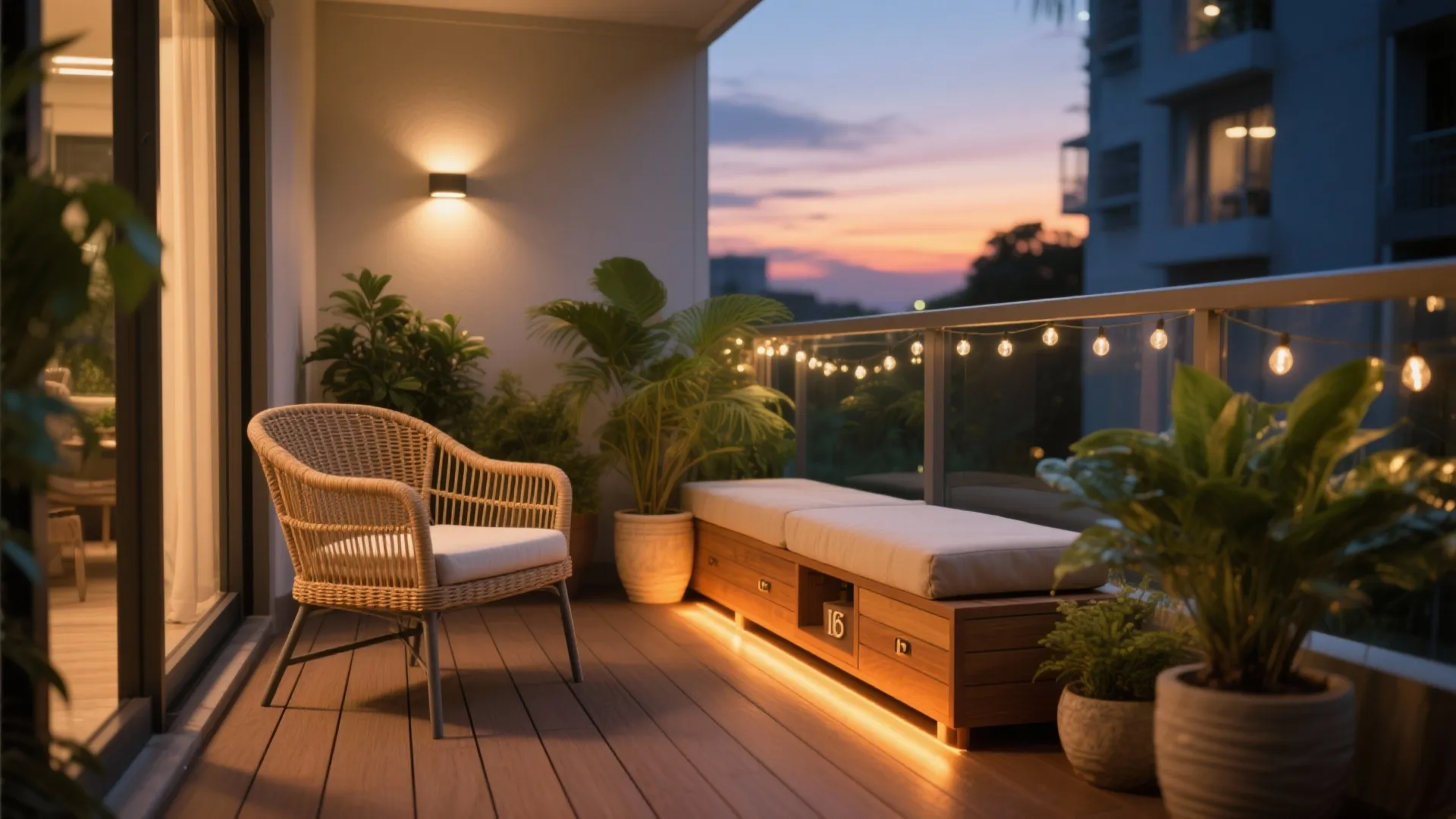 Modern balcony at sunset with wood floor rattan chair bench light string and green plants