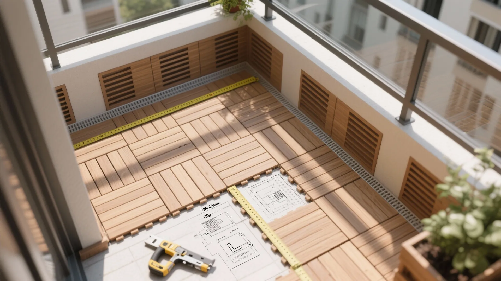 Top-down view of wood decking tiles with underlayment, interlocks, and expansion gap.