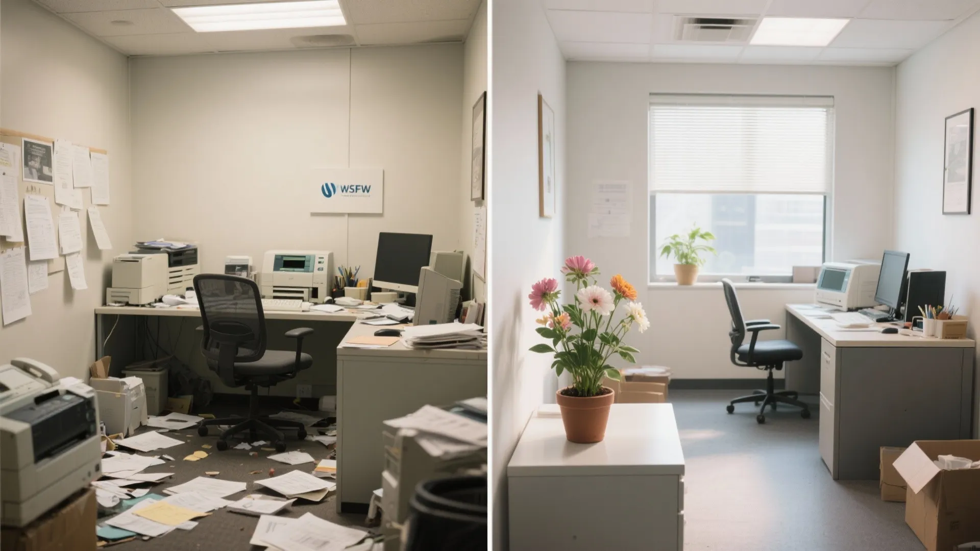 Before and after comparison of a messy office workspace and a clean organized modern desk