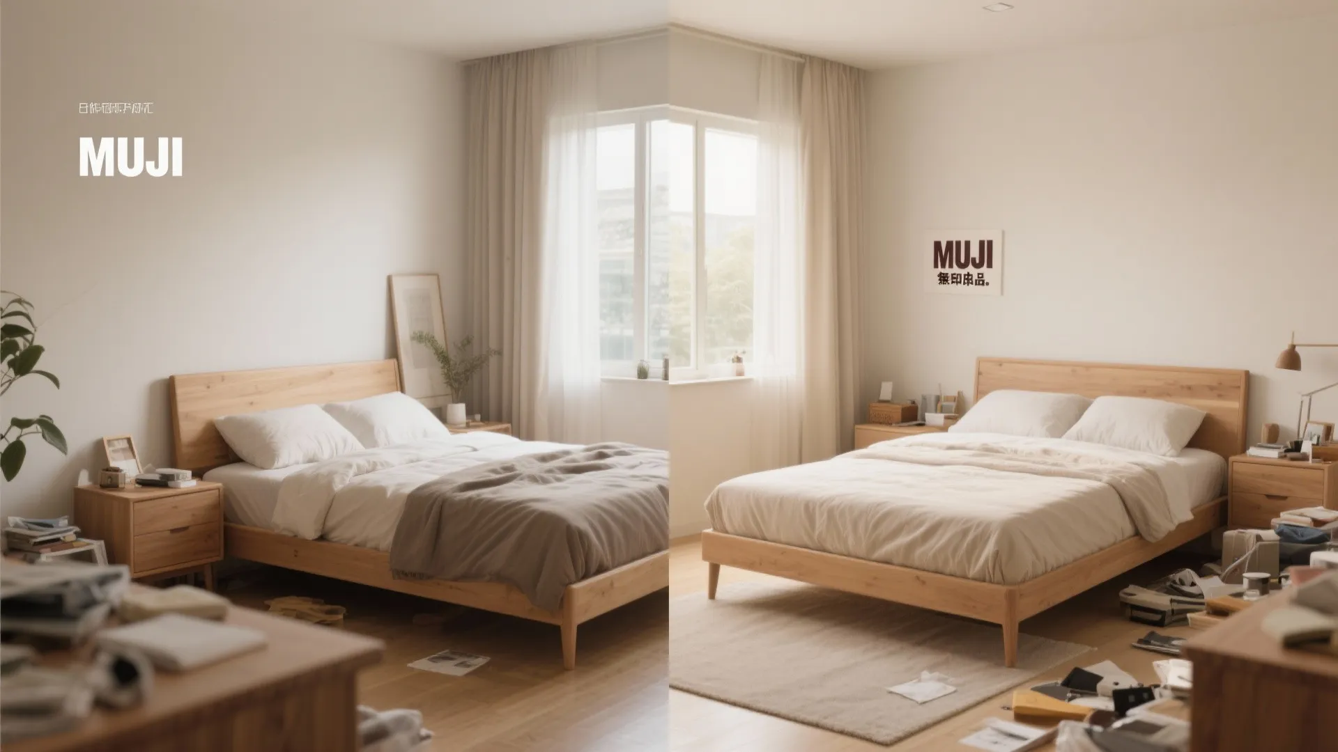 Cluttered bedroom transformed into Muji-style minimal space